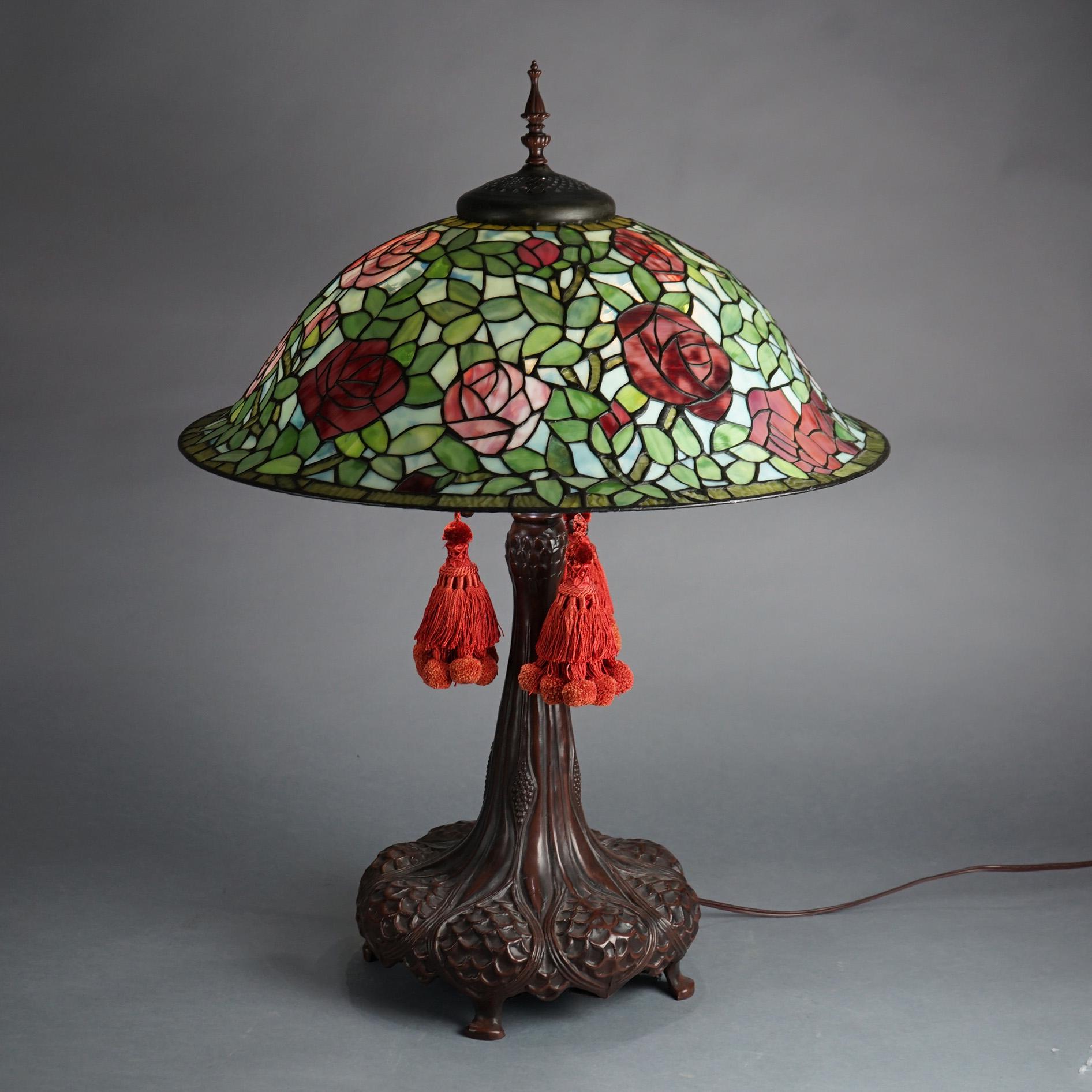 Large Dale Tiffany Museum Rose Bush Leaded Glass Table Lamp 20thC In Good Condition In Big Flats, NY
