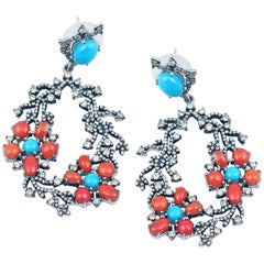 Large Dangle Earrings with 3.10 Carat of Diamonds Natural Turquoise & Red Corals