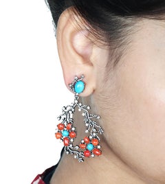 Large Dangle Earrings with 3.10 Carat of Diamonds Natural Turquoise & Red Corals