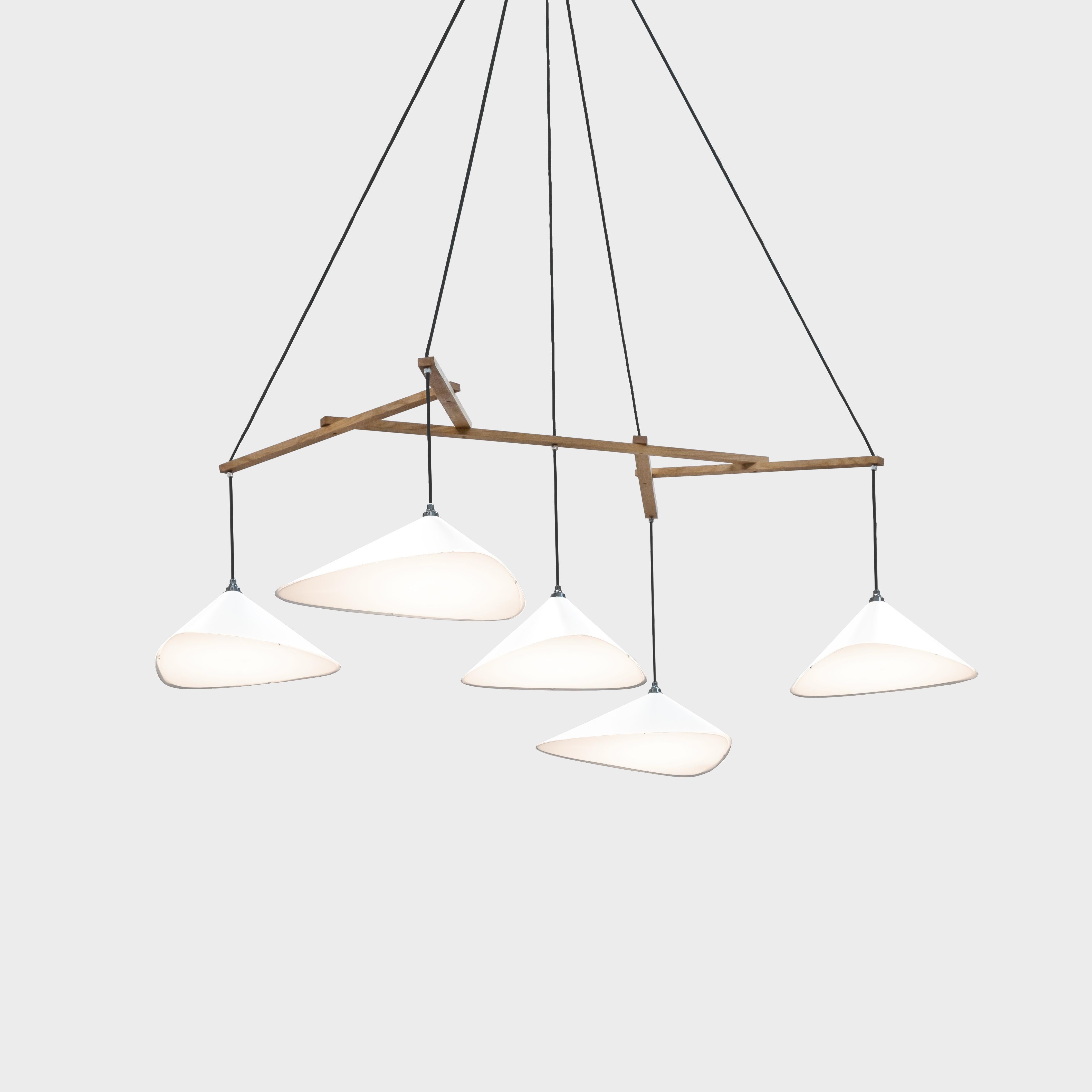 Large Daniel Becker 'Emily 5' chandelier in matte white for Moss Objects. Designed by Berlin luminary Daniel Becker and handmade to order using mid-century manufacturing techniques. Executed in high-quality sheet metal with matte white paint, a