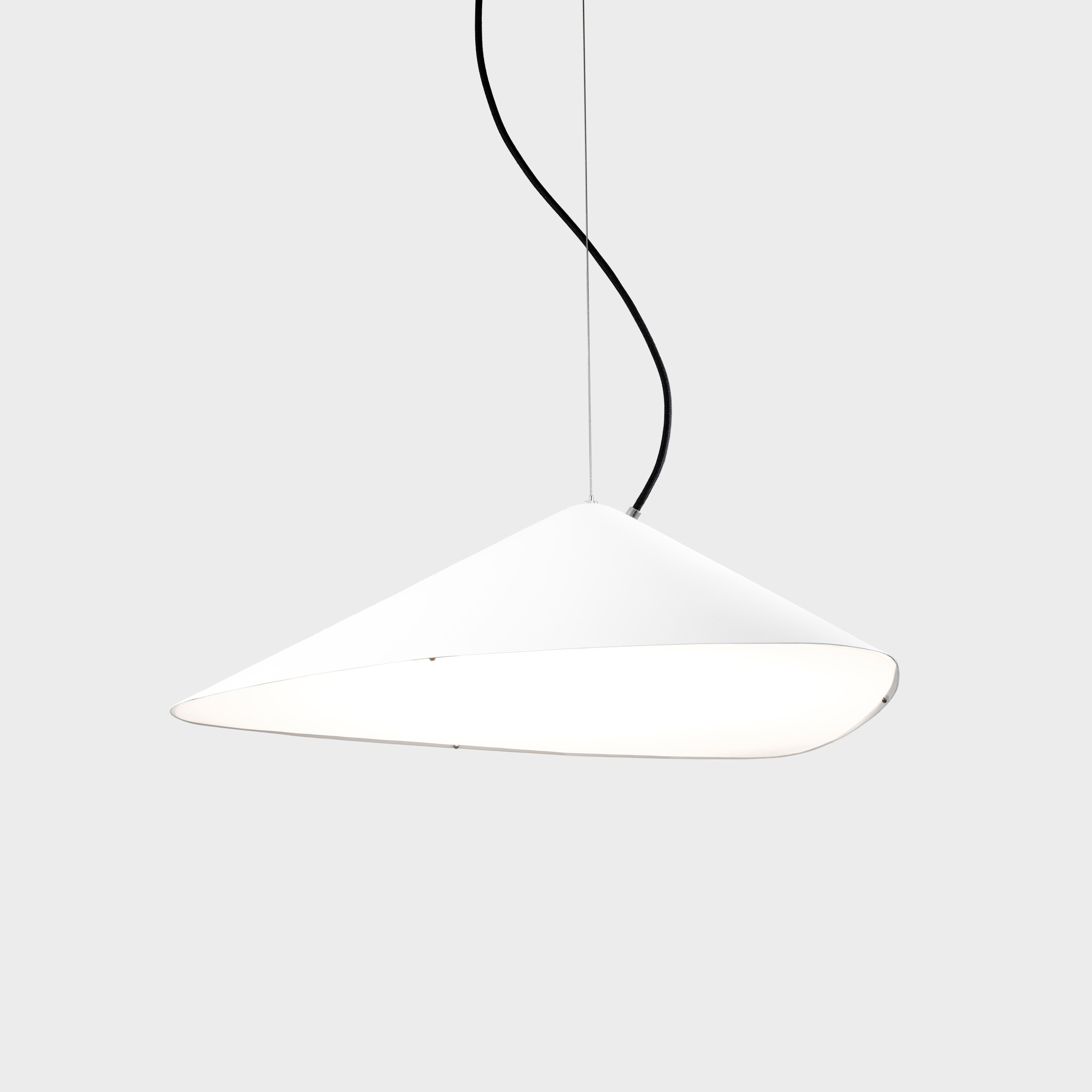Large Daniel Becker 'Emily IV' suspension lamp in matte white. Designed by Berlin luminary Daniel Becker and handmade to order using midcentury manufacturing techniques. Executed in high-quality sheet metal with matte white black paint and opaline