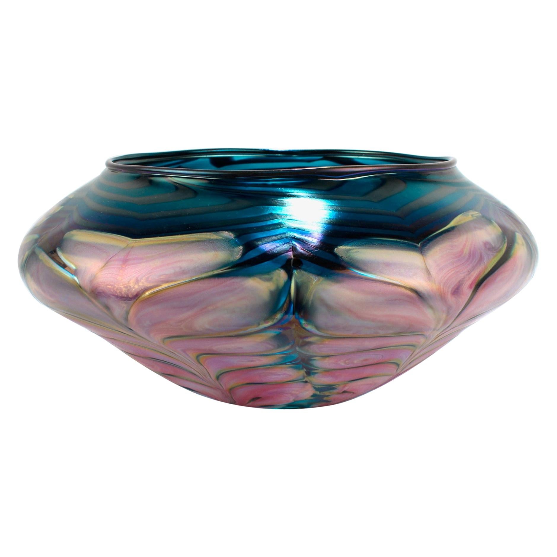 Large Daniel Lotton Pulled Feather Pink and Blue Art Glass Bowl or Vase, 1991 For Sale