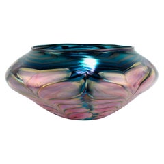 Large Daniel Lotton Pulled Feather Pink and Blue Art Glass Bowl or Vase, 1991
