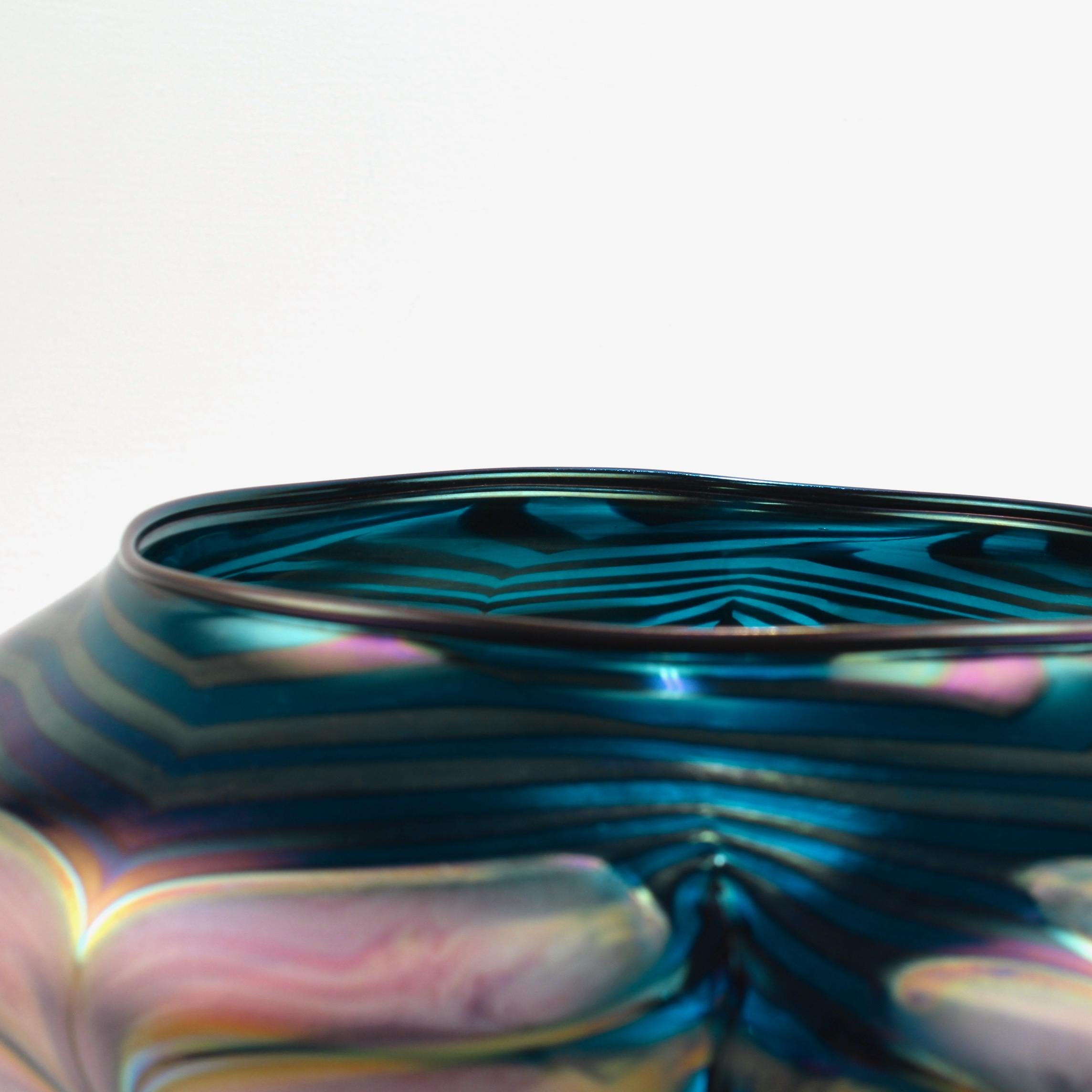 Modern Large Daniel Lotton Pulled Feather Pink and Blue Art Glass Bowl or Vase, 1991 For Sale