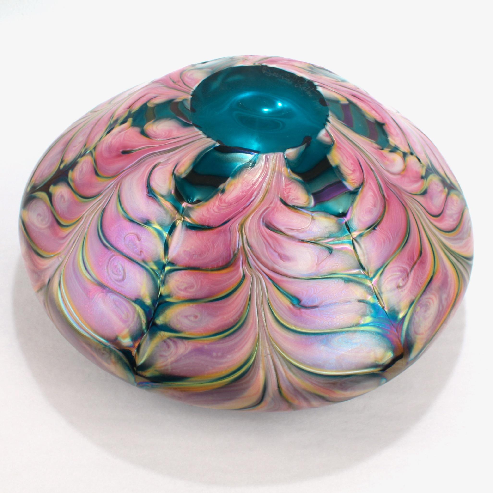Large Daniel Lotton Pulled Feather Pink and Blue Art Glass Bowl or Vase, 1991 For Sale 1