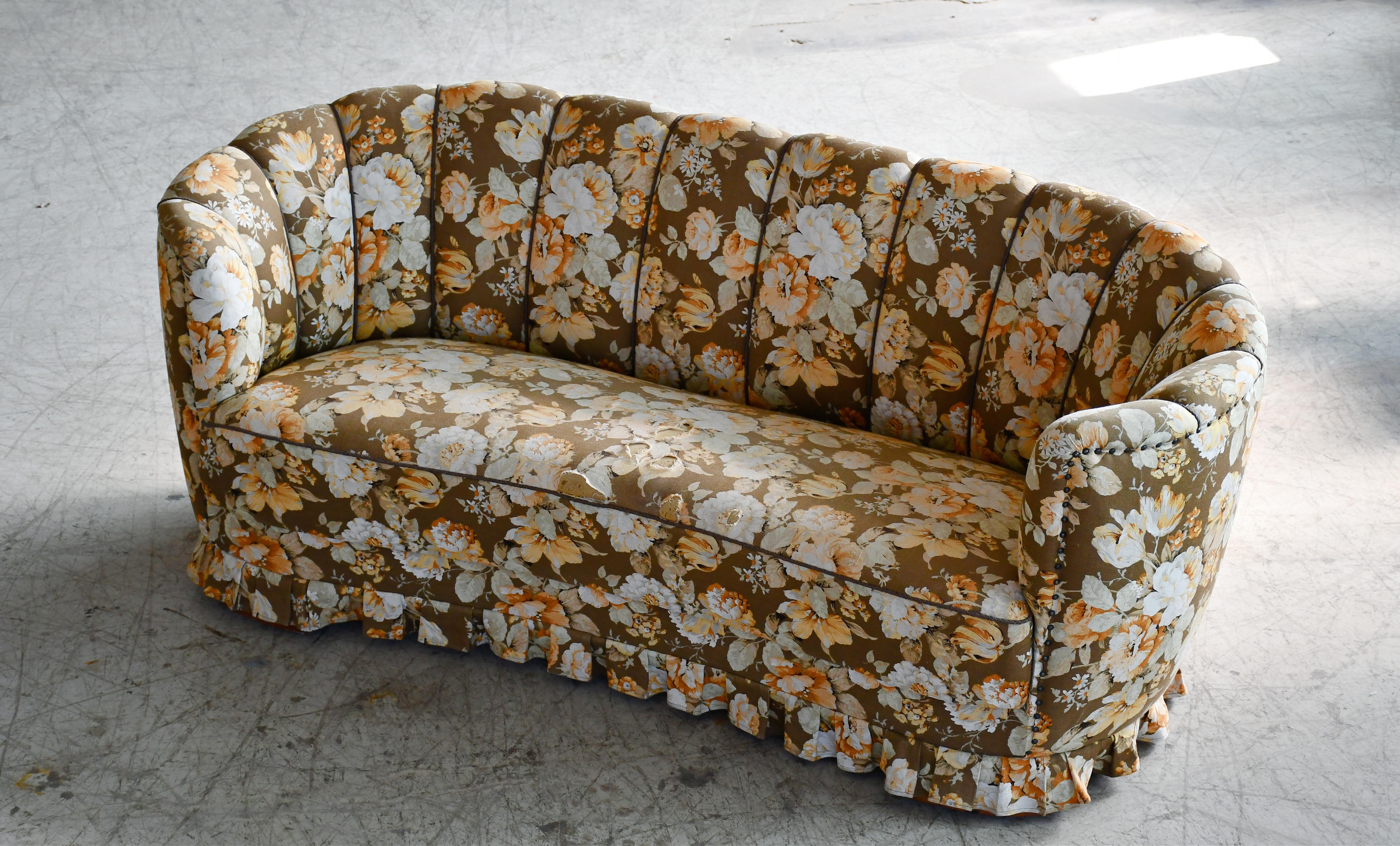 Mid-Century Modern Large Danish 1940s Banana Shaped Curved Sofa Floral Fabric