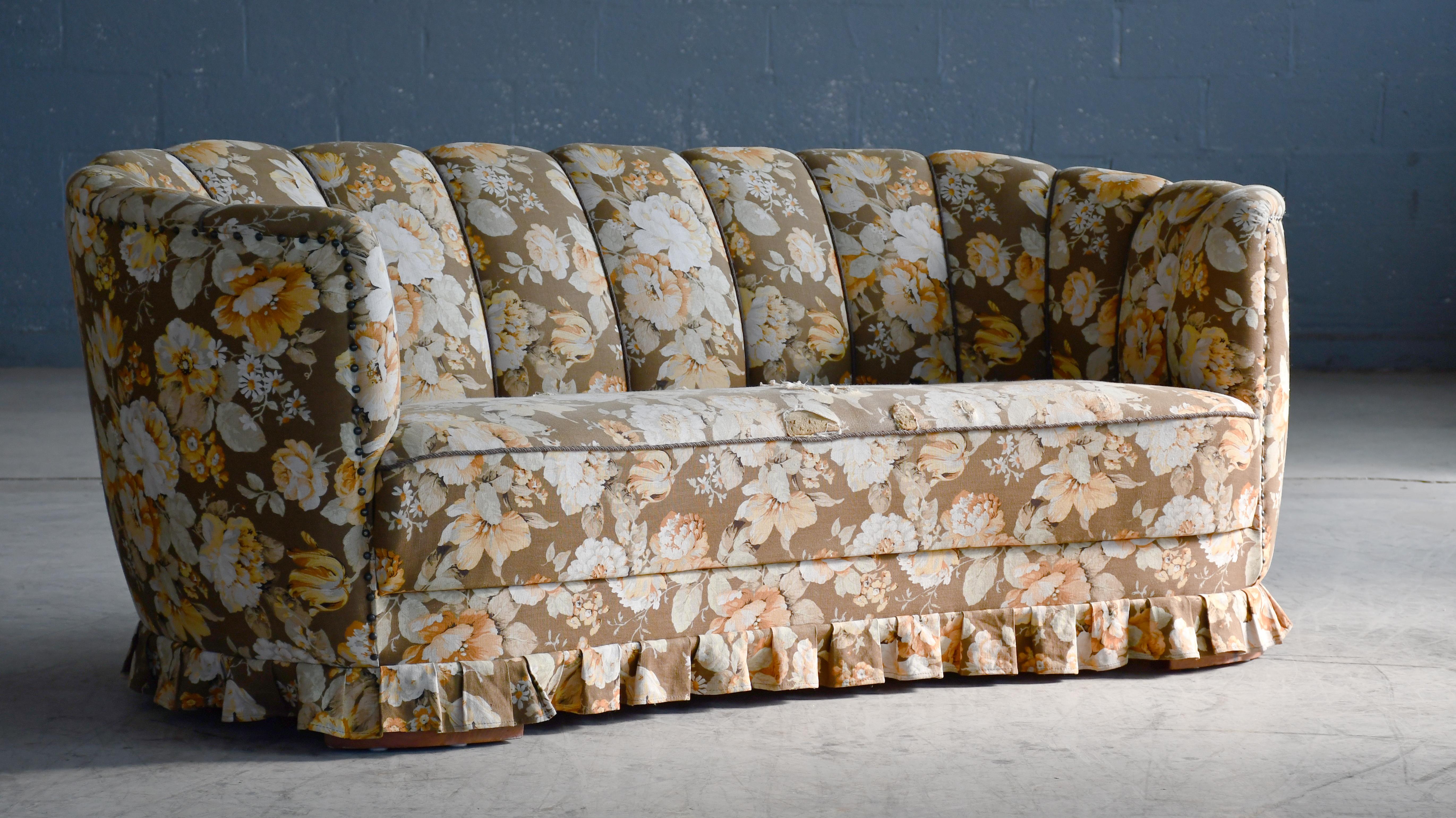 Mid-20th Century Large Danish 1940s Banana Shaped Curved Sofa Floral Fabric