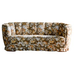 Large Danish 1940s Banana Shaped Curved Sofa Floral Fabric