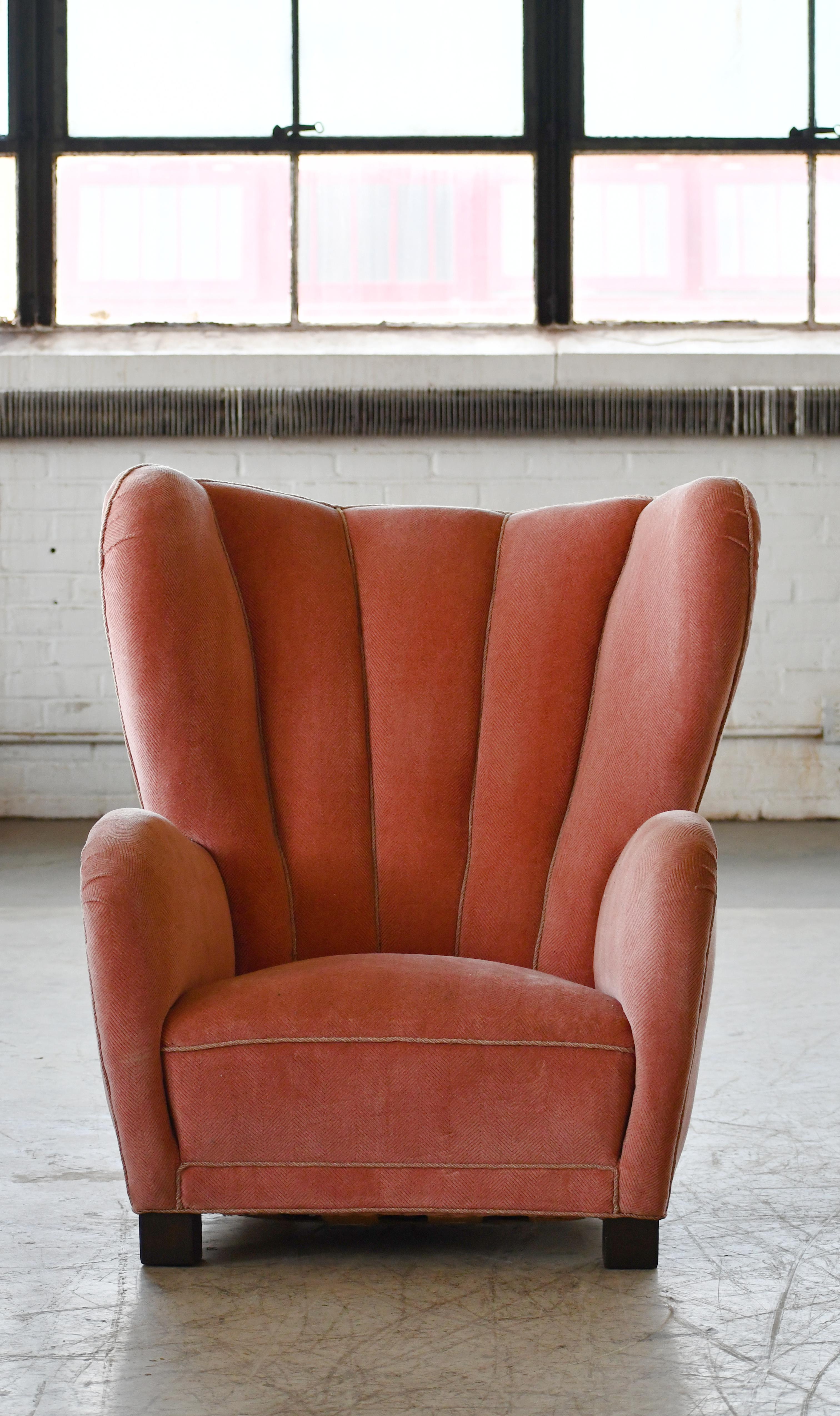 Art Deco Large Danish 1940's Channelback Lounge Chair in Pink Mohair Round Organic Shape For Sale