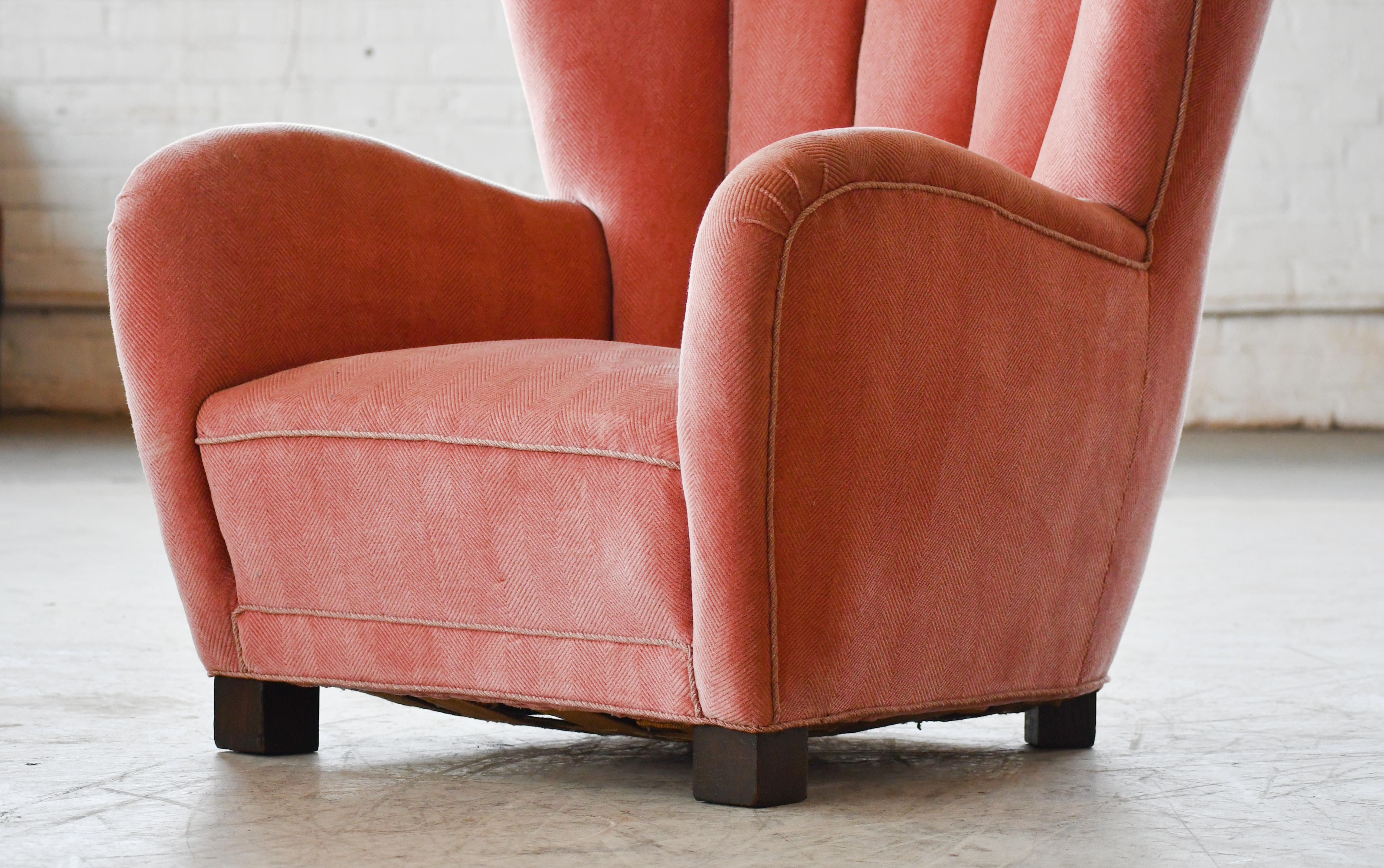 Mid-20th Century Large Danish 1940's Channelback Lounge Chair in Pink Mohair Round Organic Shape