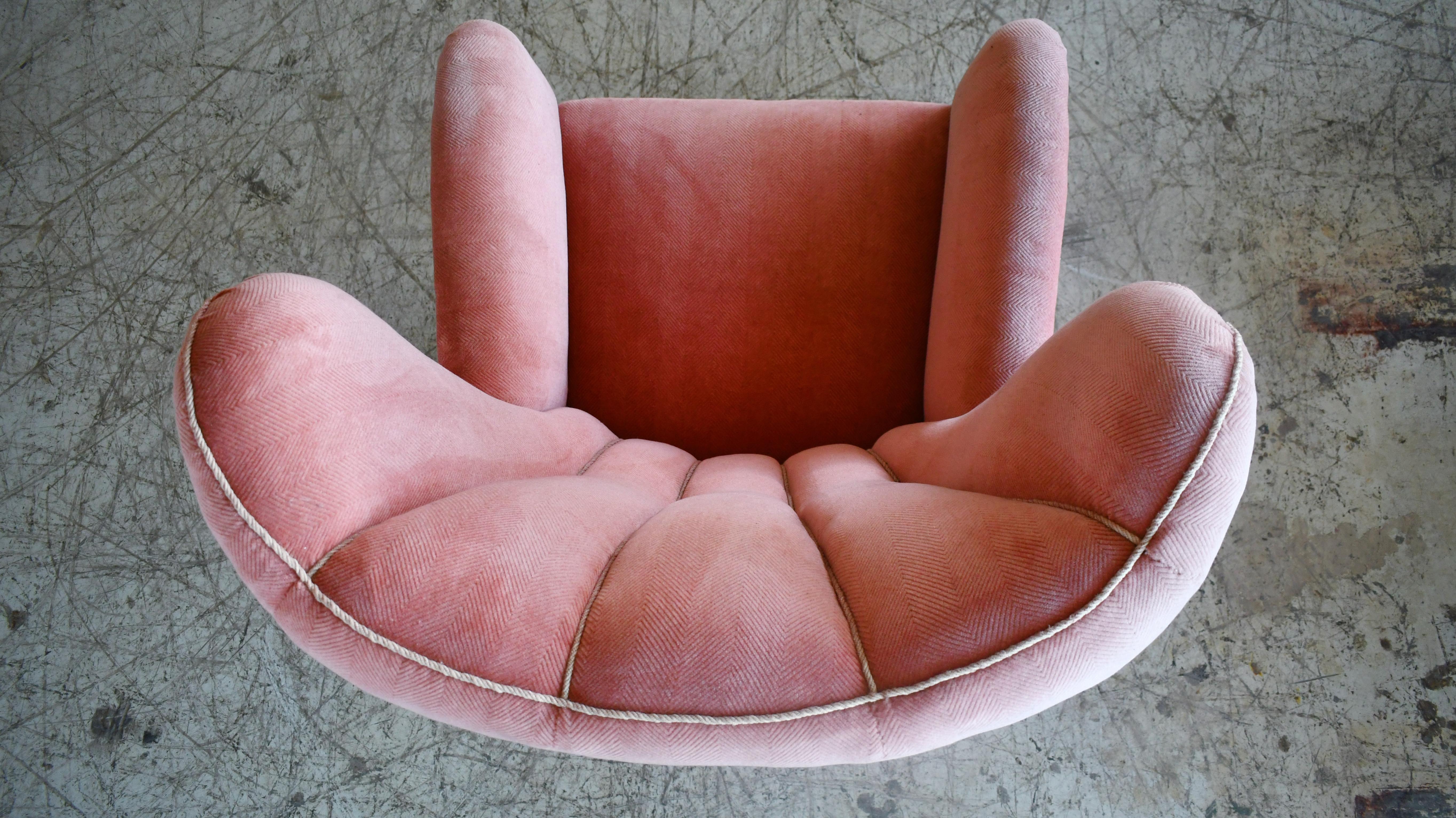 Beech Large Danish 1940's Channelback Lounge Chair in Pink Mohair Round Organic Shape For Sale