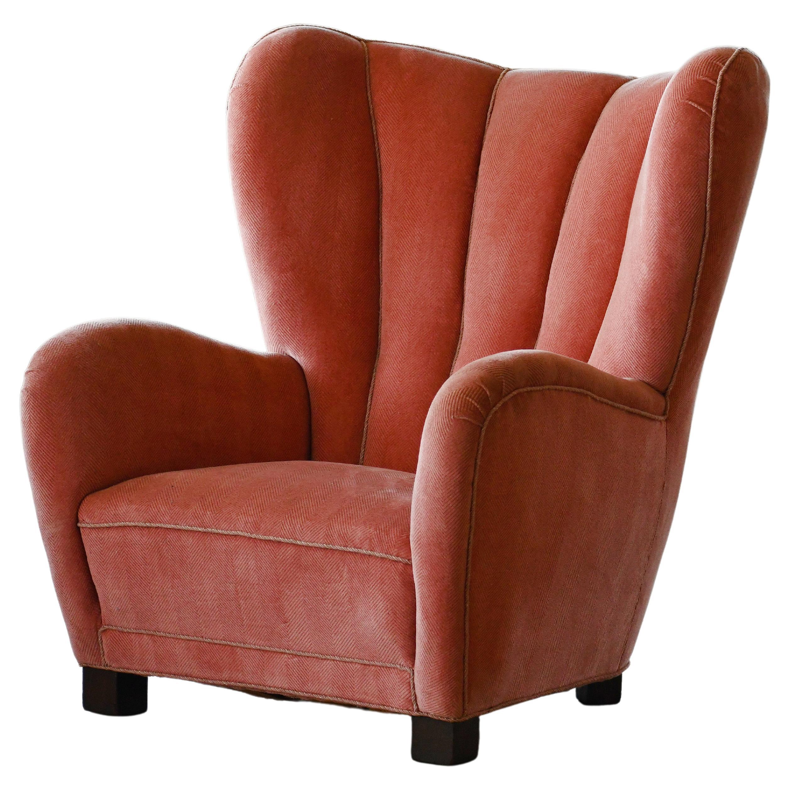 Large Danish 1940's Channelback Lounge Chair in Pink Mohair Round Organic Shape For Sale