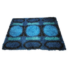 Large Danish Abstract Blue Wool Rya Rug in Ege Style