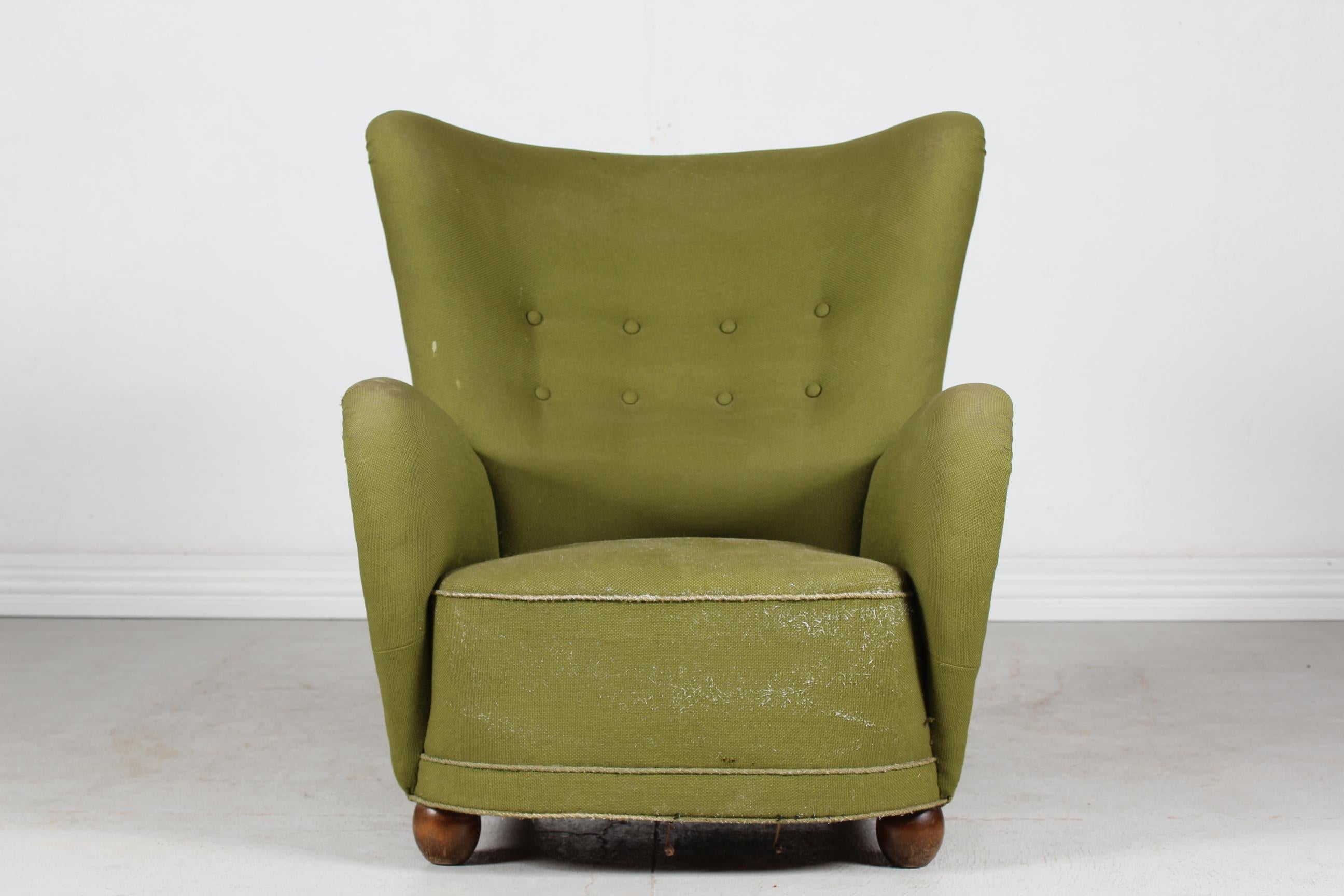 Fabric Large Danish Art Deco Lounge Chair Fritz Hansen Style, 1940s for Reupholstery