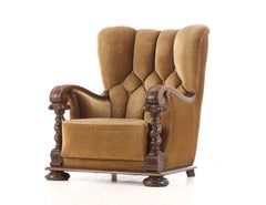 Large Danish Art Deco Lounge Chair in Camel Mohair and Fancy Carvings, 1930's