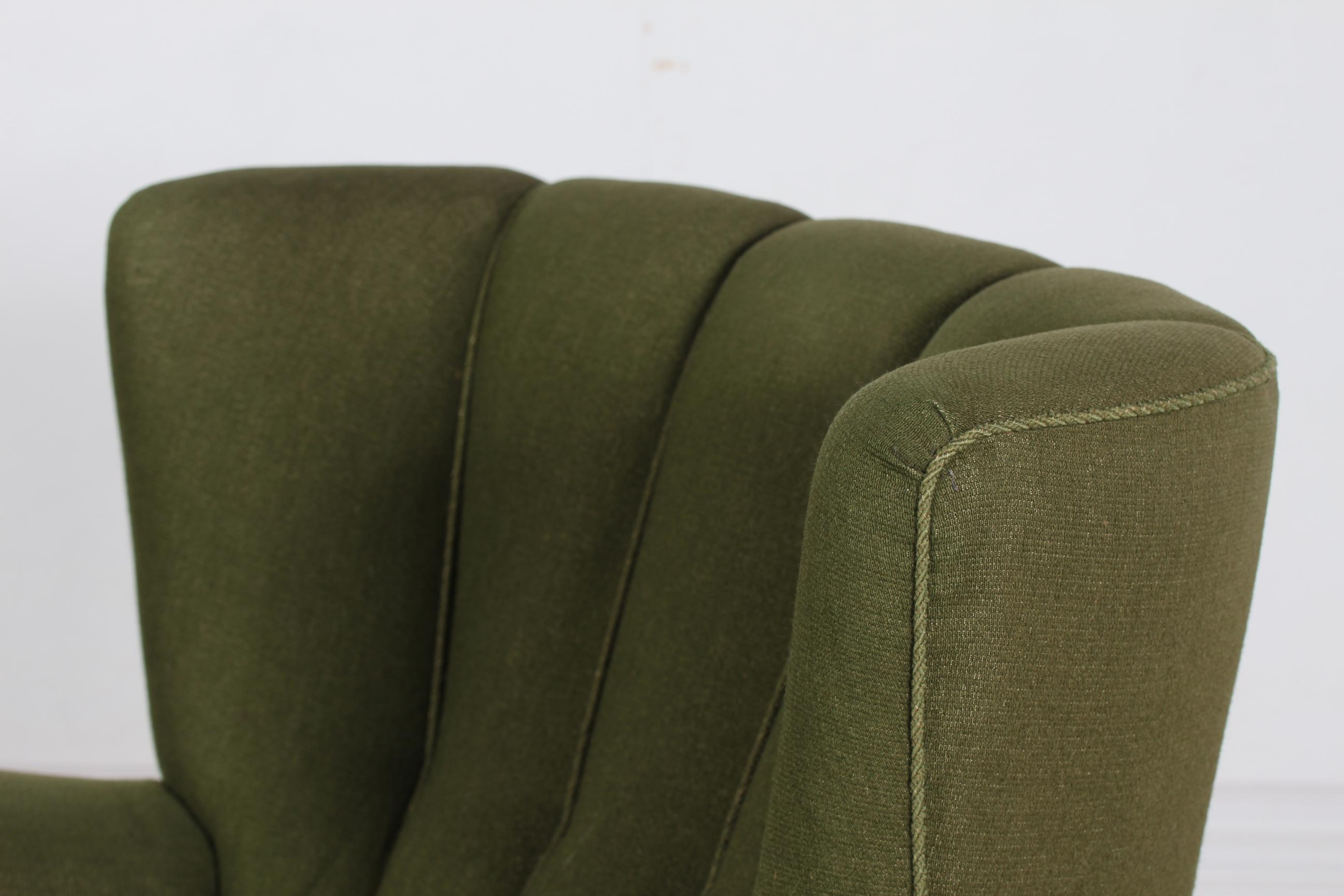Large Danish Fritz Hansen Style Art Deco Lounge Chair Green Striped Wool, 1940s 5