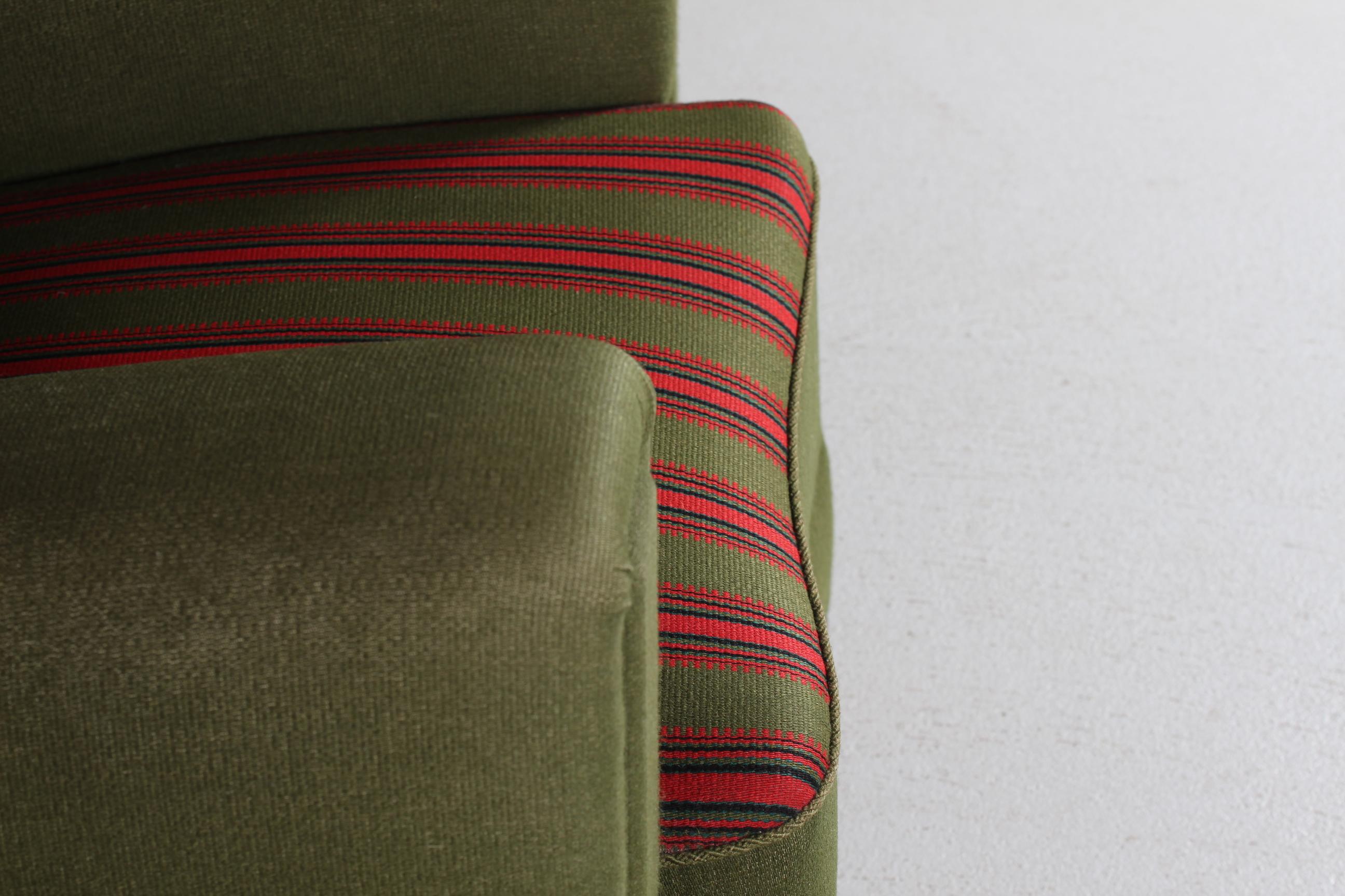 Large Danish Fritz Hansen Style Art Deco Lounge Chair Green Striped Wool, 1940s 7