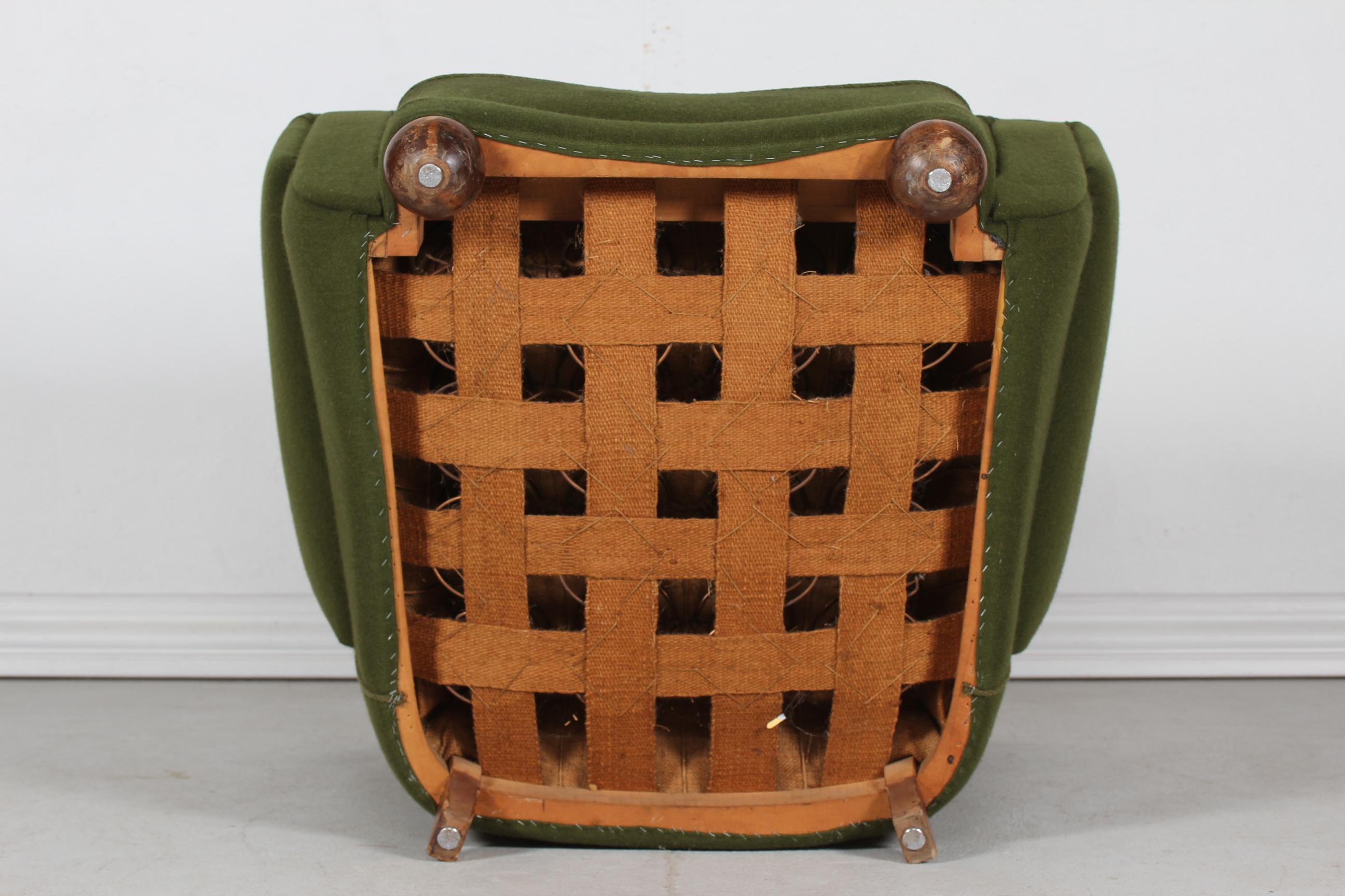 Large Danish Fritz Hansen Style Art Deco Lounge Chair Green Striped Wool, 1940s 8
