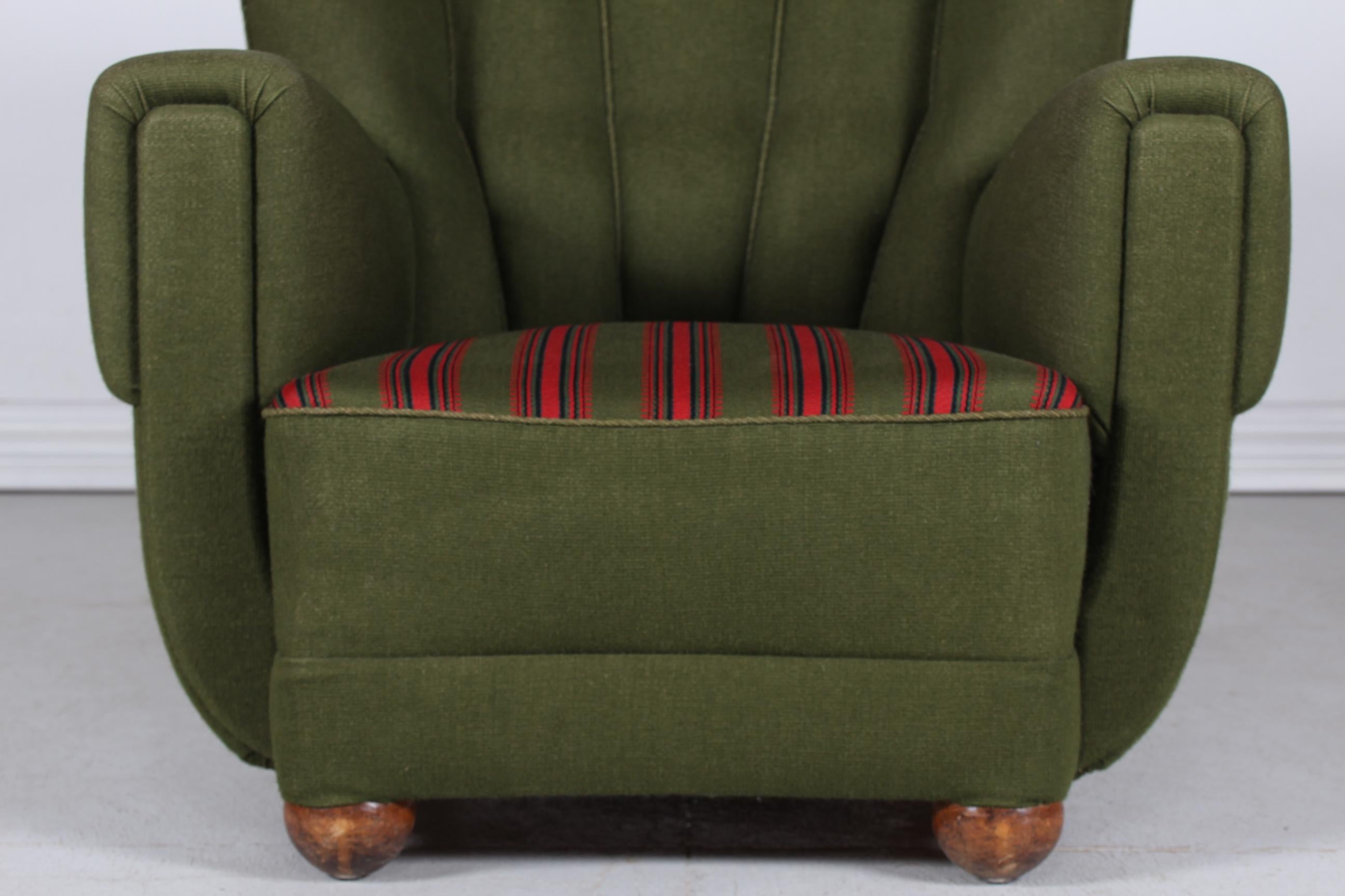 Large Danish Fritz Hansen Style Art Deco Lounge Chair Green Striped Wool, 1940s In Good Condition In Aarhus C, DK