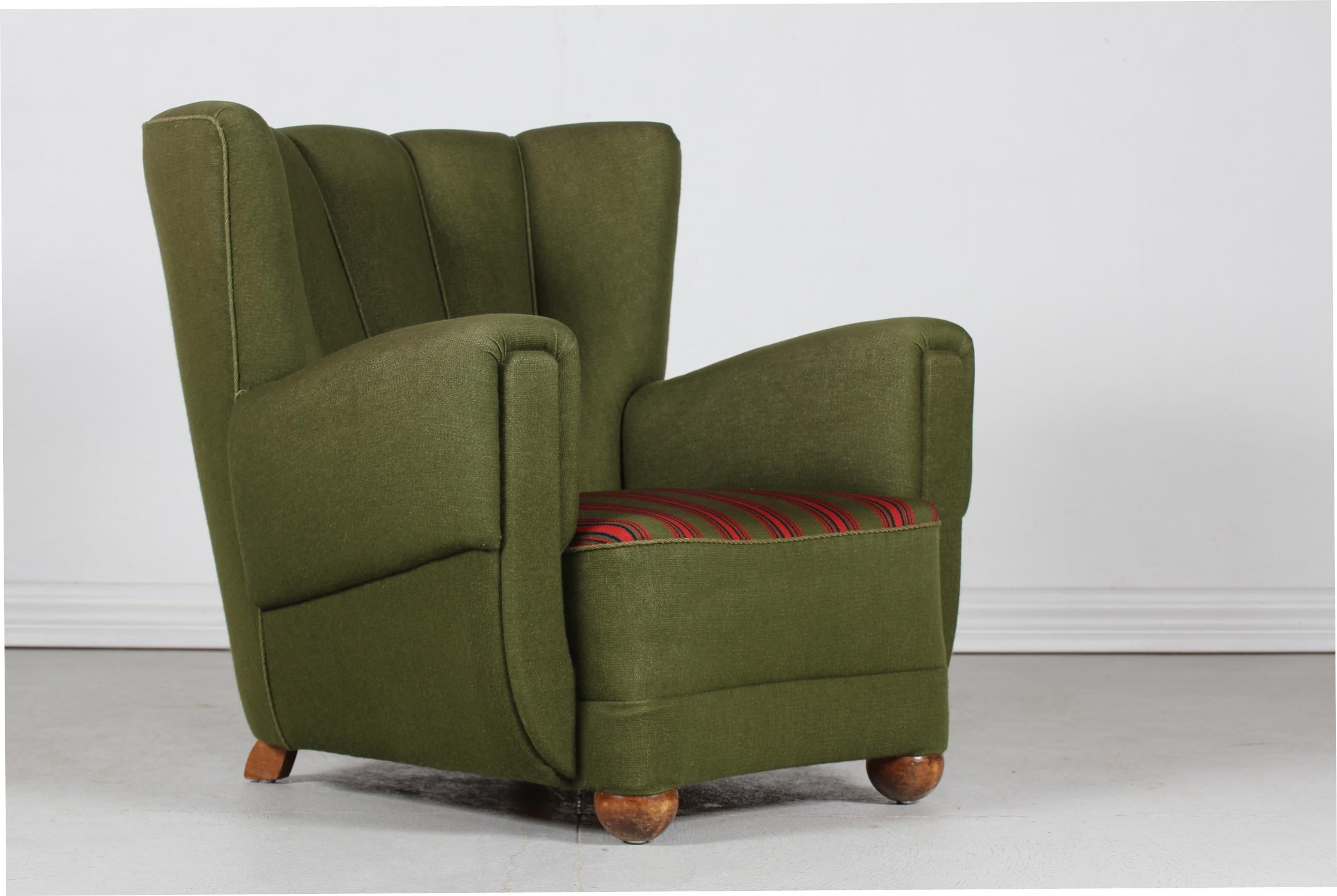 Mid-20th Century Large Danish Fritz Hansen Style Art Deco Lounge Chair Green Striped Wool, 1940s