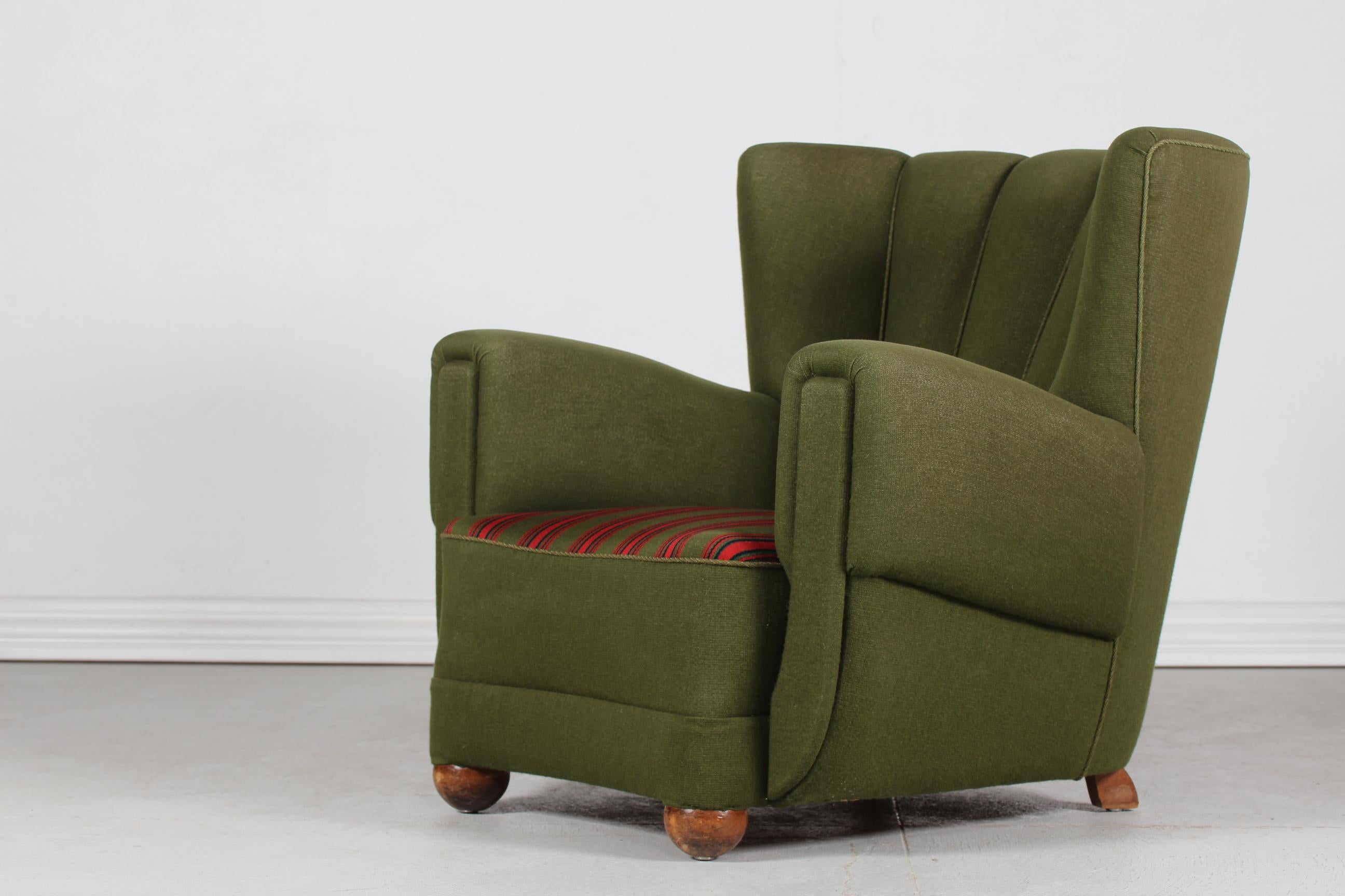 Fabric Large Danish Fritz Hansen Style Art Deco Lounge Chair Green Striped Wool, 1940s