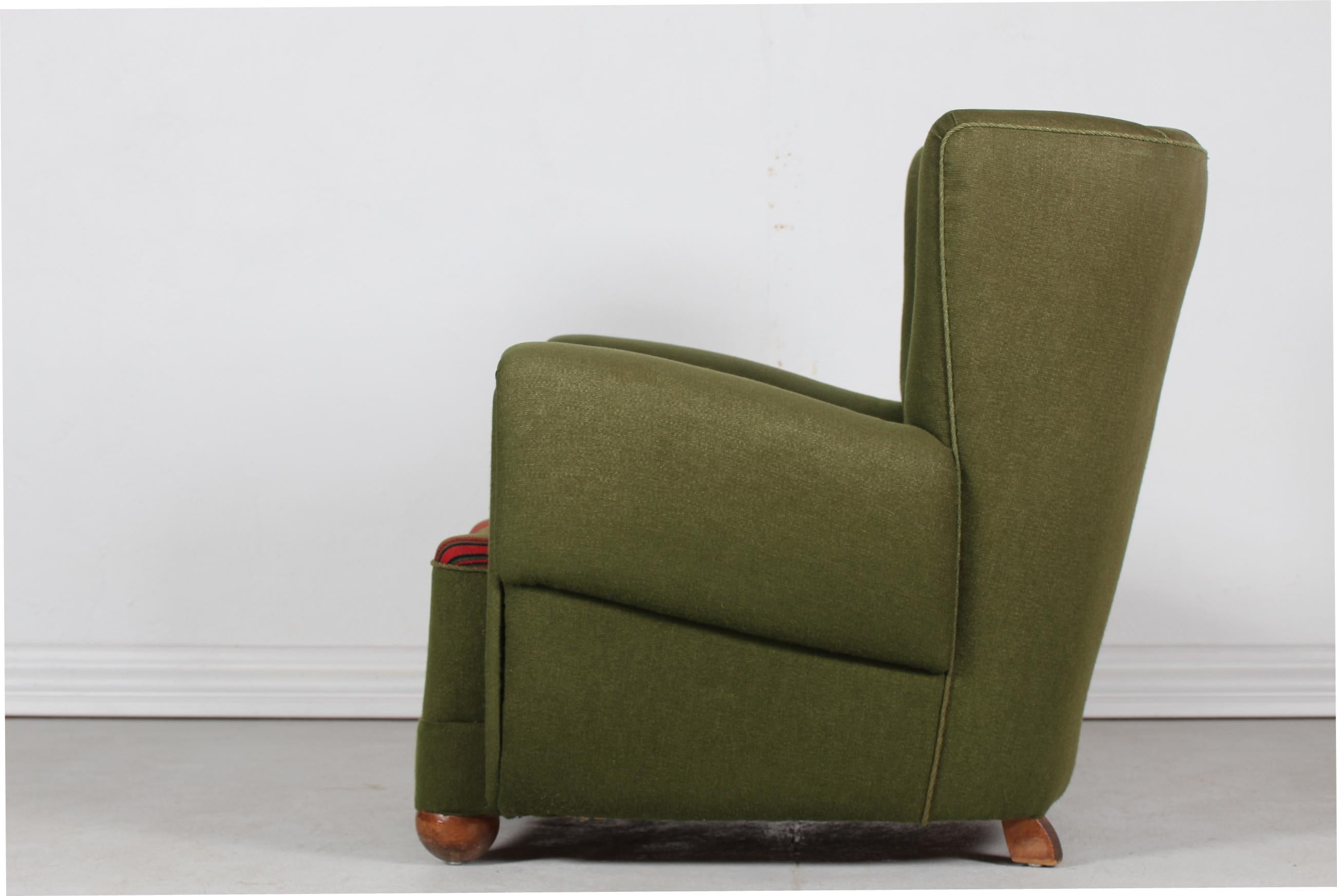 Large Danish Fritz Hansen Style Art Deco Lounge Chair Green Striped Wool, 1940s 1