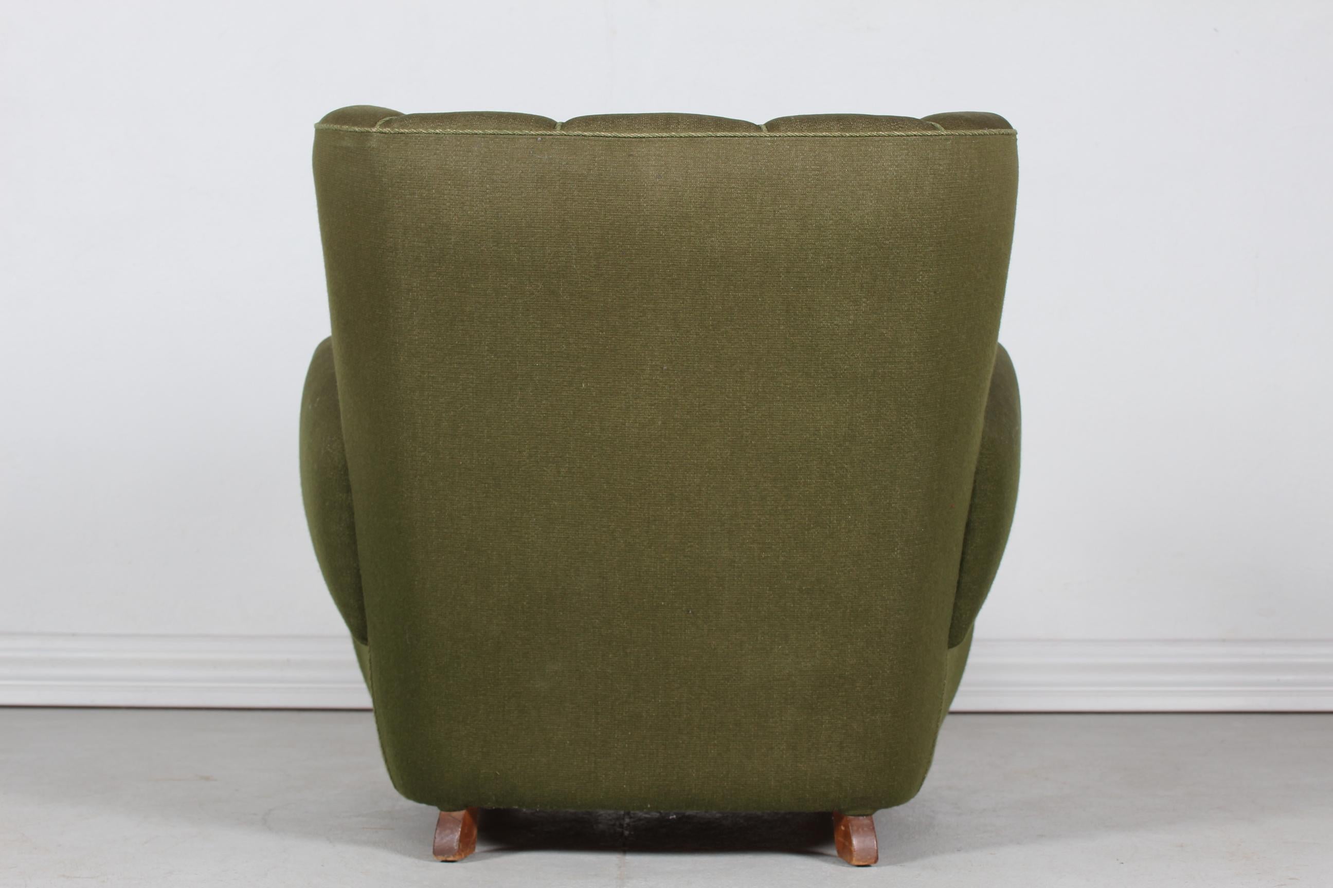 Large Danish Fritz Hansen Style Art Deco Lounge Chair Green Striped Wool, 1940s 2
