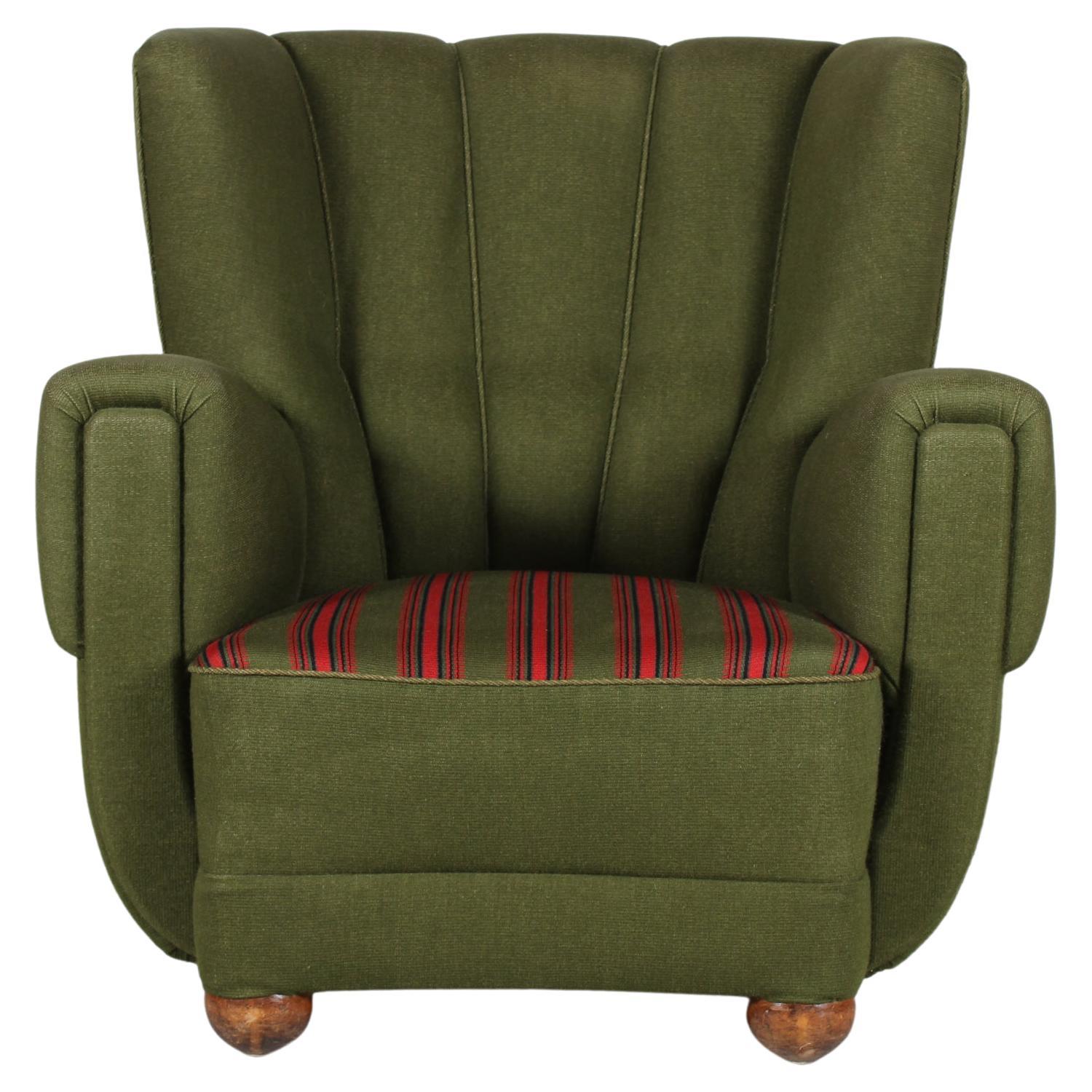 Large Danish Fritz Hansen Style Art Deco Lounge Chair Green Striped Wool, 1940s