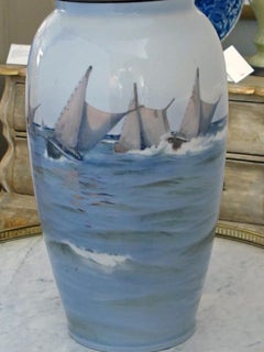Large Danish Bing & Grondahl Ceramic Table Lamp Painted w Seascape and Mountains