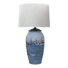 Large Danish Bing & Grondahl Ceramic Table Lamp Painted w Seascape and Mountains