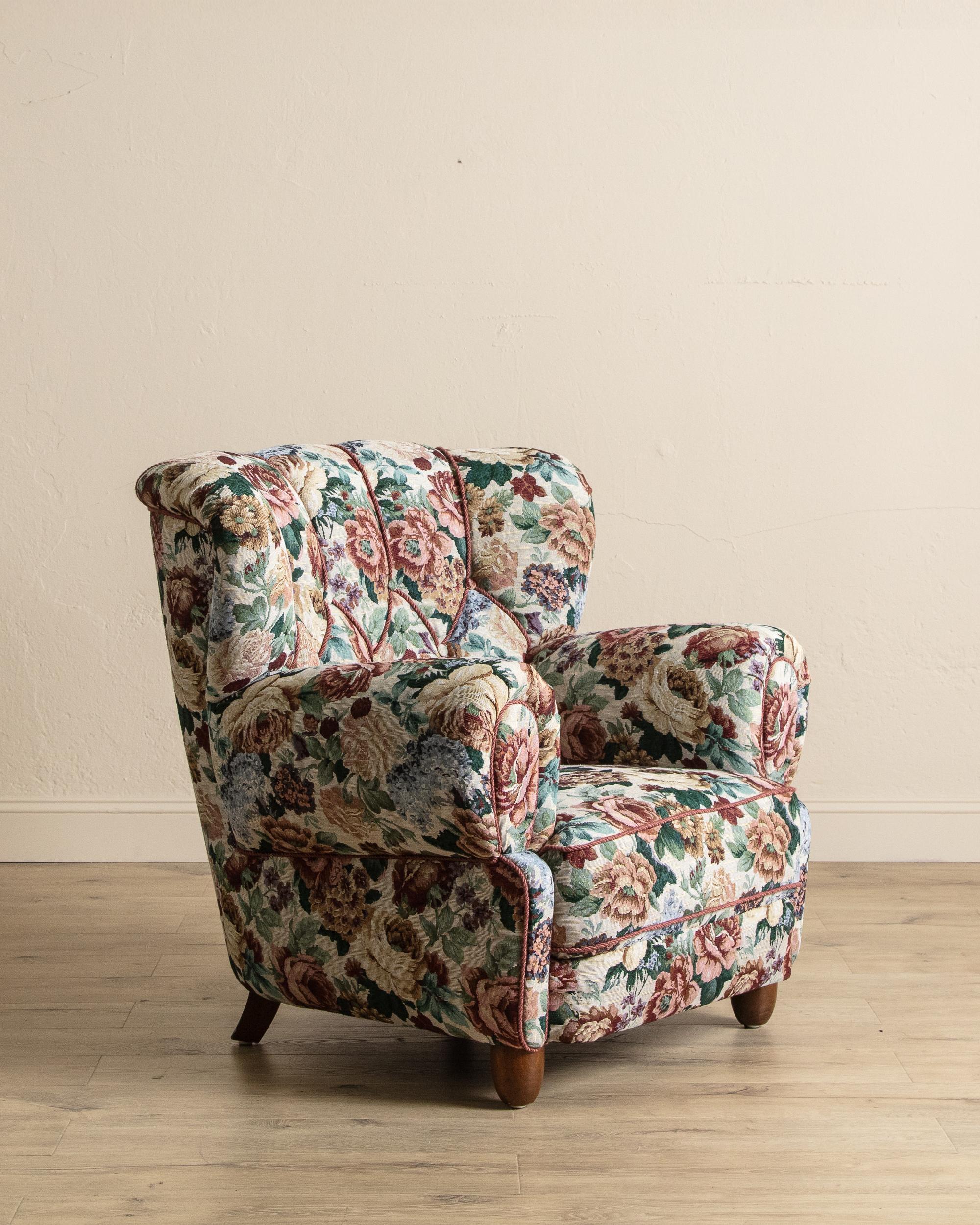 Mid-Century Modern Large Danish Club Chair In Floral Tapestry, Denmark, 1940'S For Sale