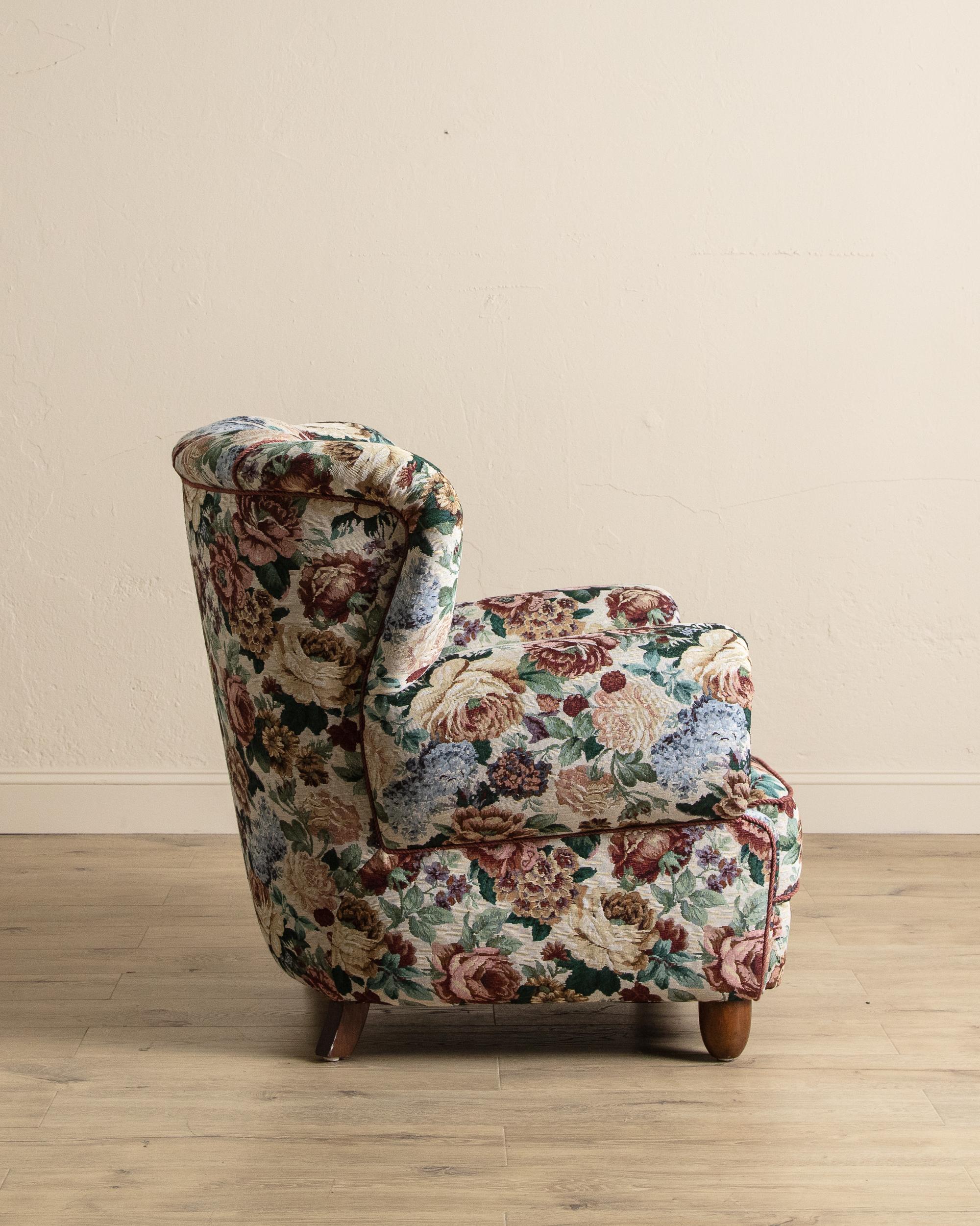 Large Danish Club Chair In Floral Tapestry, Denmark, 1940'S In Excellent Condition For Sale In Los Angeles, CA