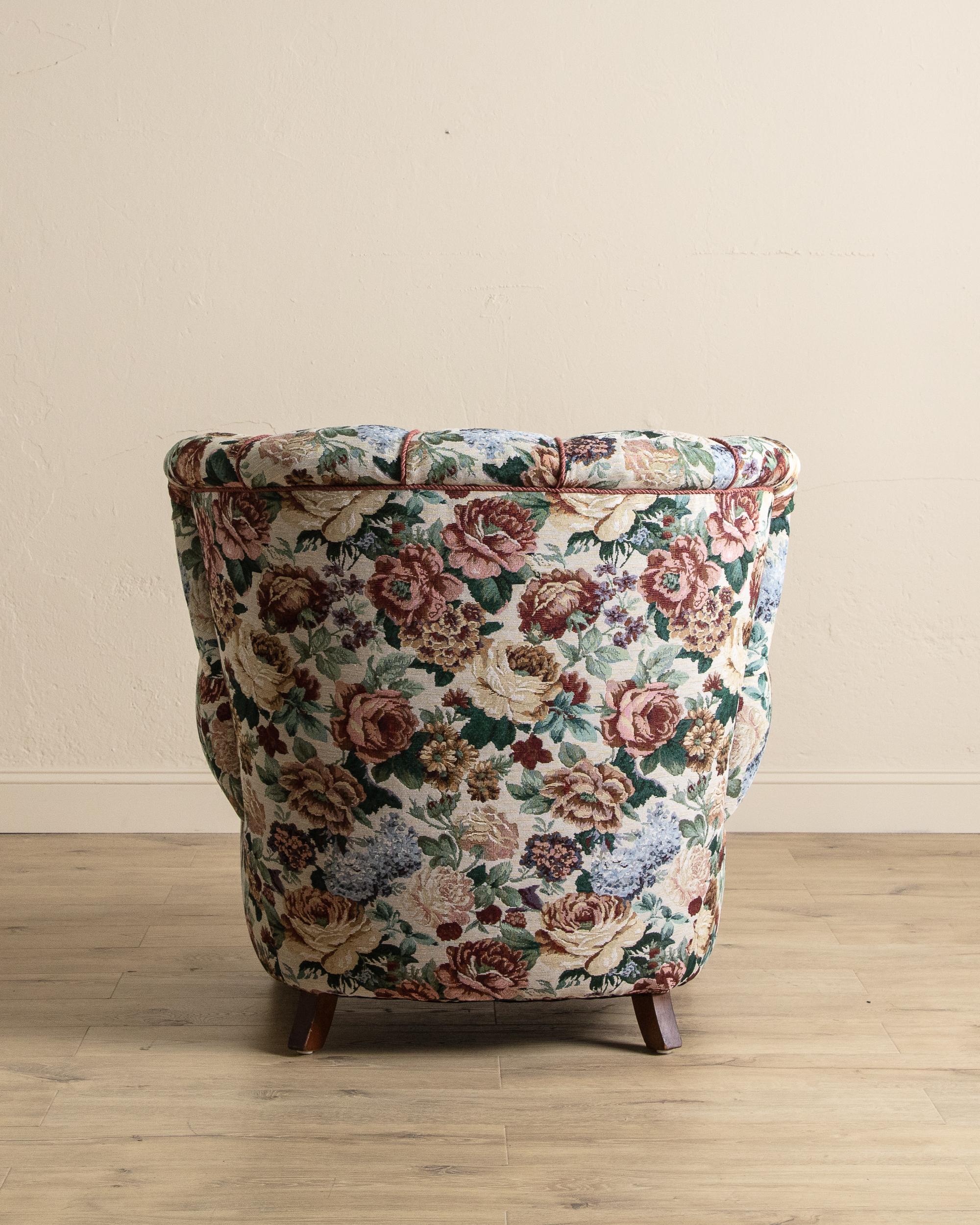 Fabric Large Danish Club Chair In Floral Tapestry, Denmark, 1940'S For Sale