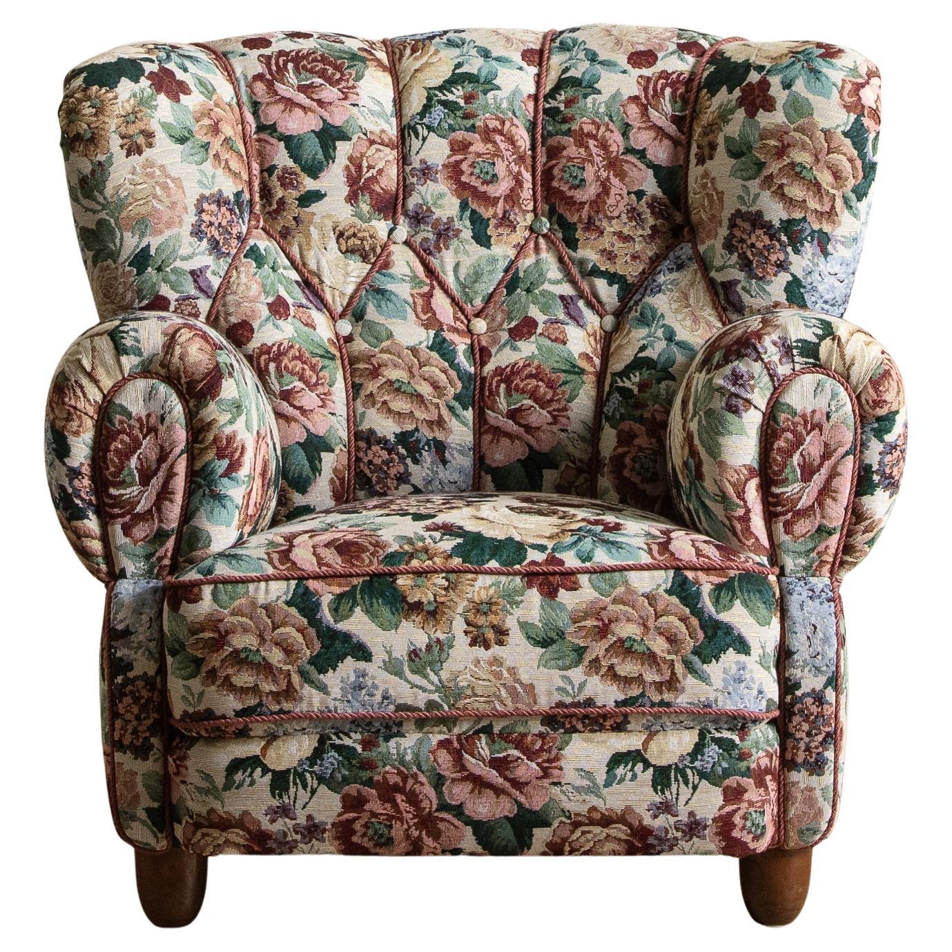 Large Danish Club Chair In Floral Tapestry, Denmark, 1940'S For Sale