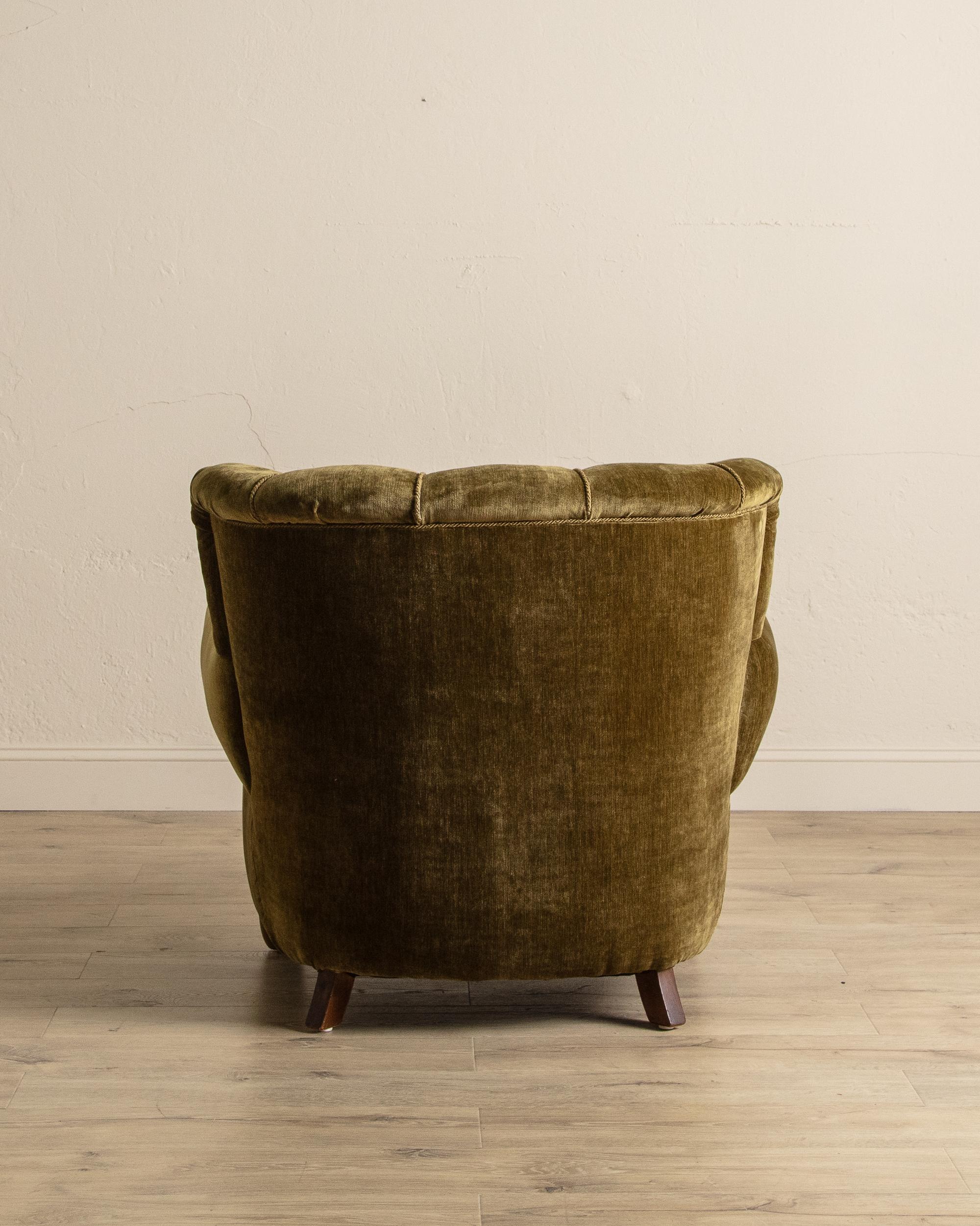 Fabric Large Danish Club Chair In Marled Olive Velvet, Denmark, 1940'S For Sale