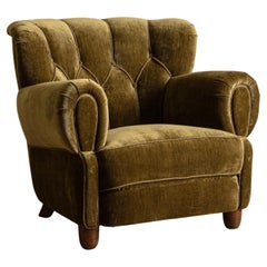 Large Danish Club Chair In Marled Olive Velvet, Denmark, 1940'S