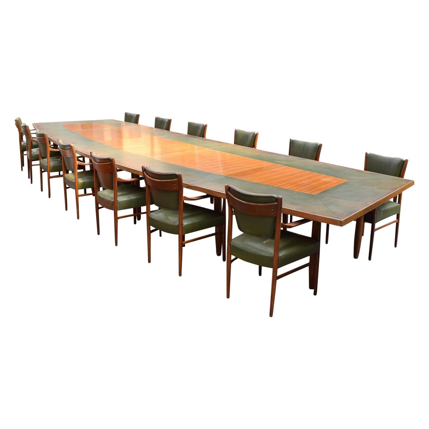 Large Danish Conference Table in Rosewood and Leather with 13 Chairs, 1950 4