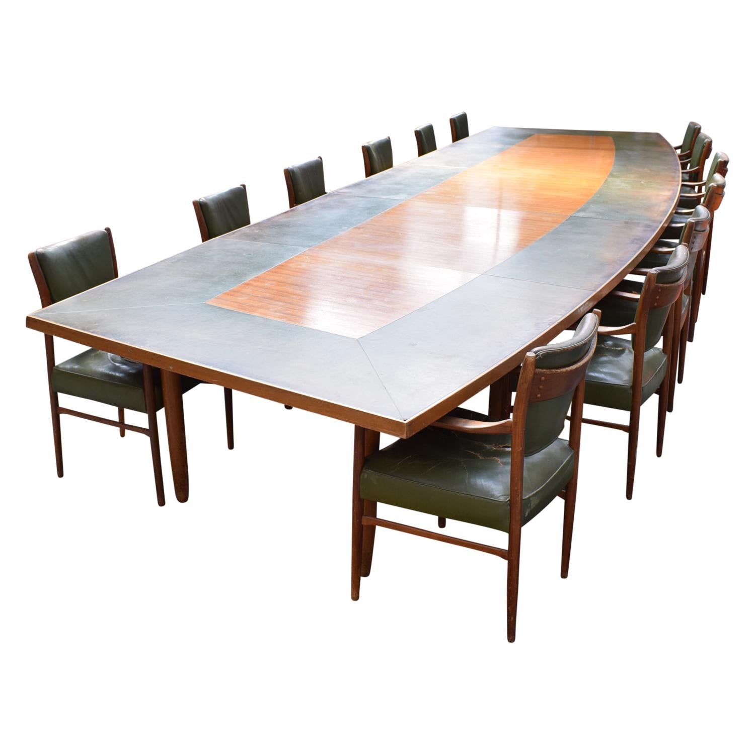 Large Danish Conference Table in Rosewood and Leather with 13 Chairs, 1950 5