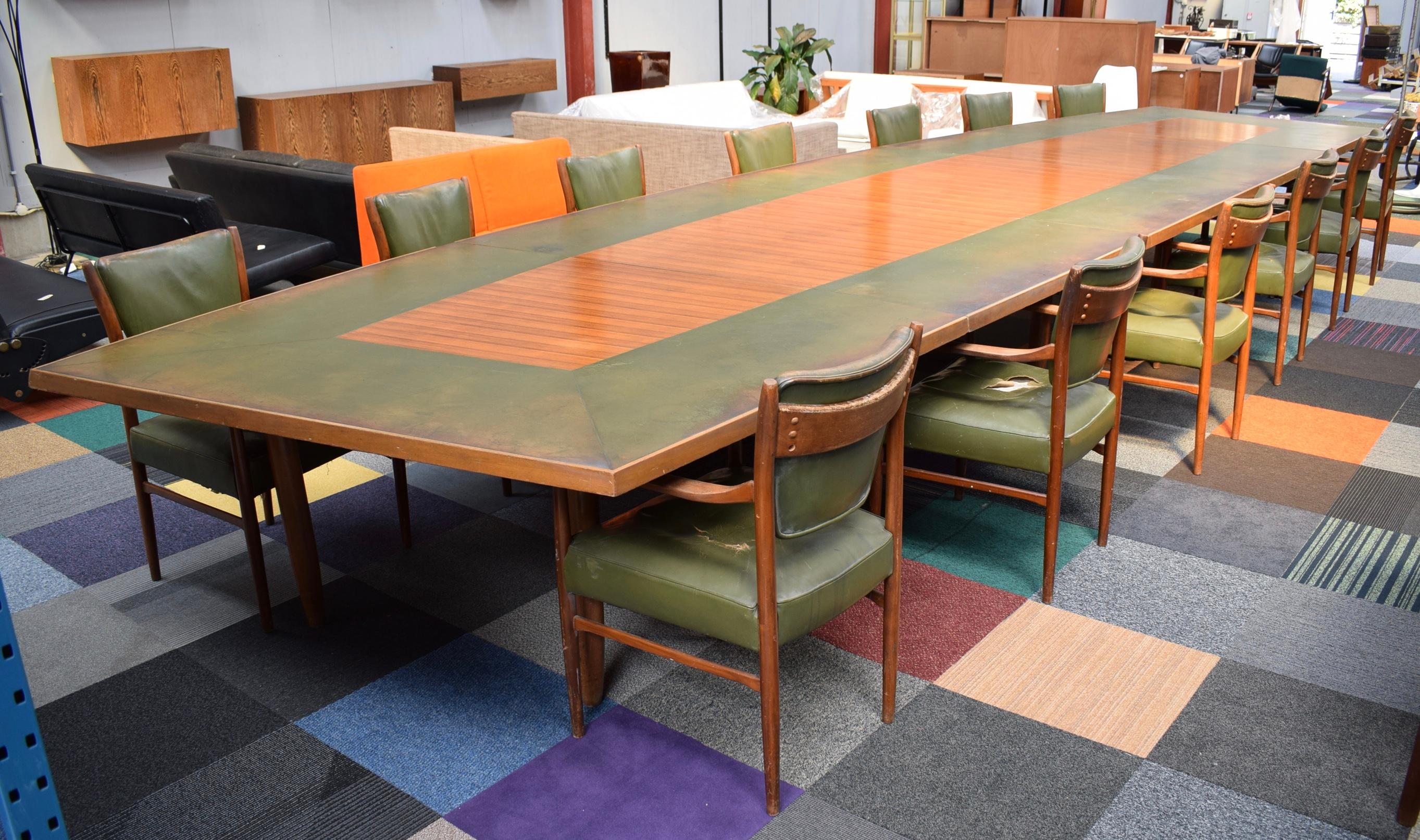 Large Danish Conference Table in Rosewood and Leather with 13 Chairs, 1950 14