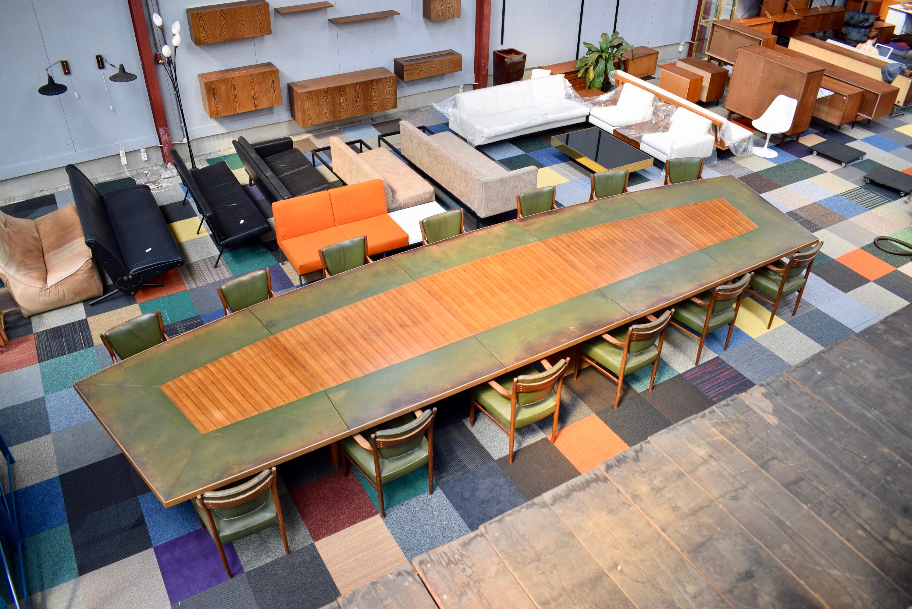 Scandinavian Modern Large Danish Conference Table in Rosewood and Leather with 13 Chairs, 1950