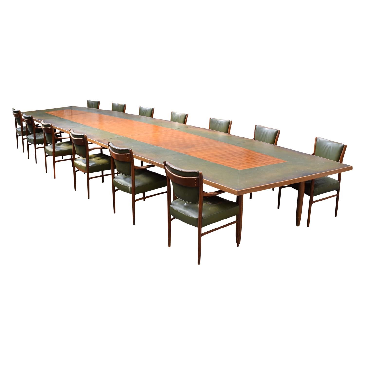 Large Danish Conference Table in Rosewood and Leather with 13 Chairs, 1950 2