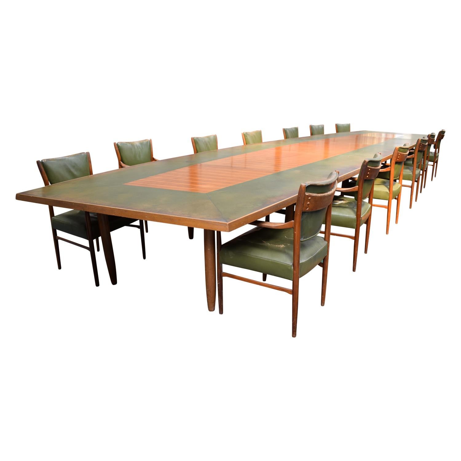Large Danish Conference Table in Rosewood and Leather with 13 Chairs, 1950 3