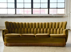 Large Danish Curved Sofa in Green Original Mohair ca. 1950