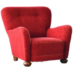 Large Danish Fritz Hansen Style Club or Lounge Chair in Red Fabric, 1940s