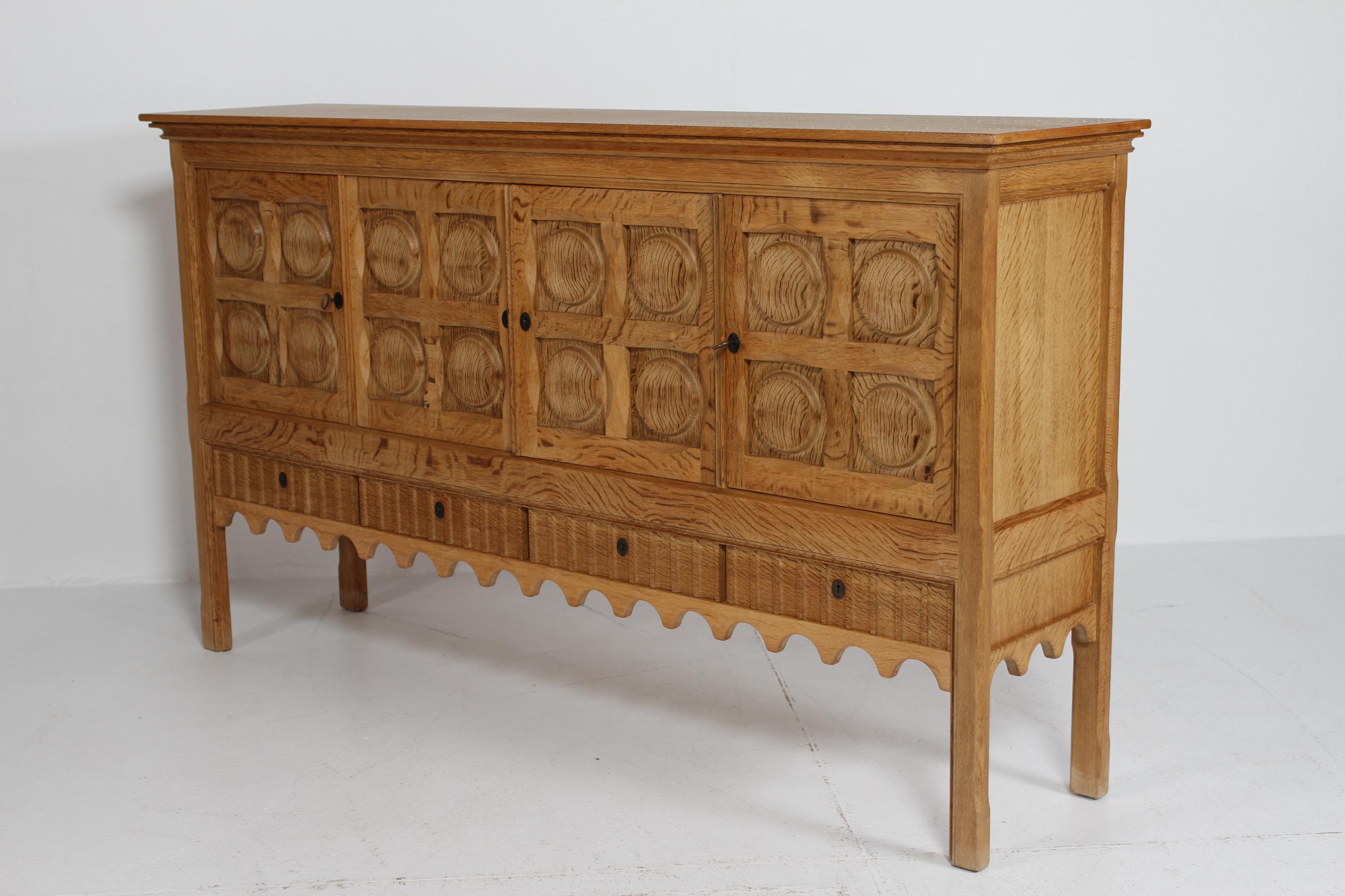 Large Danish Henning Kjærnulf Sideboard Oak with 4 Doors Brutalist Style 1970s For Sale 4