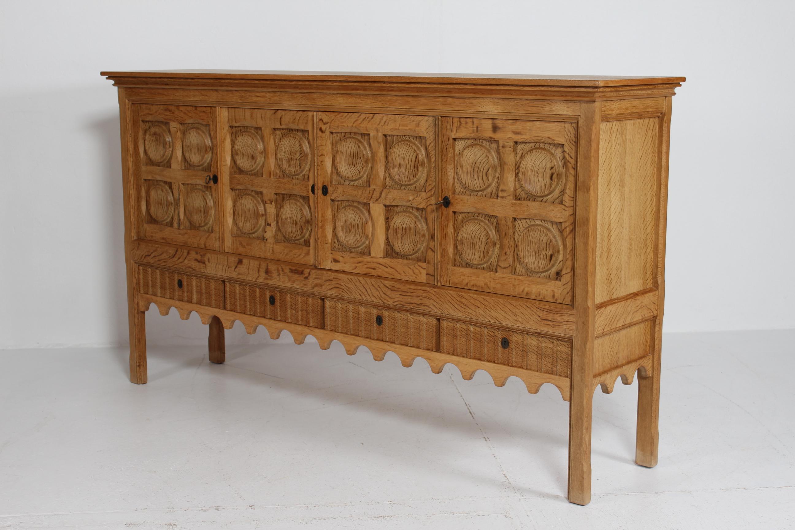 Large Danish Henning Kjærnulf Sideboard Oak with 4 Doors Brutalist Style 1970s For Sale 5
