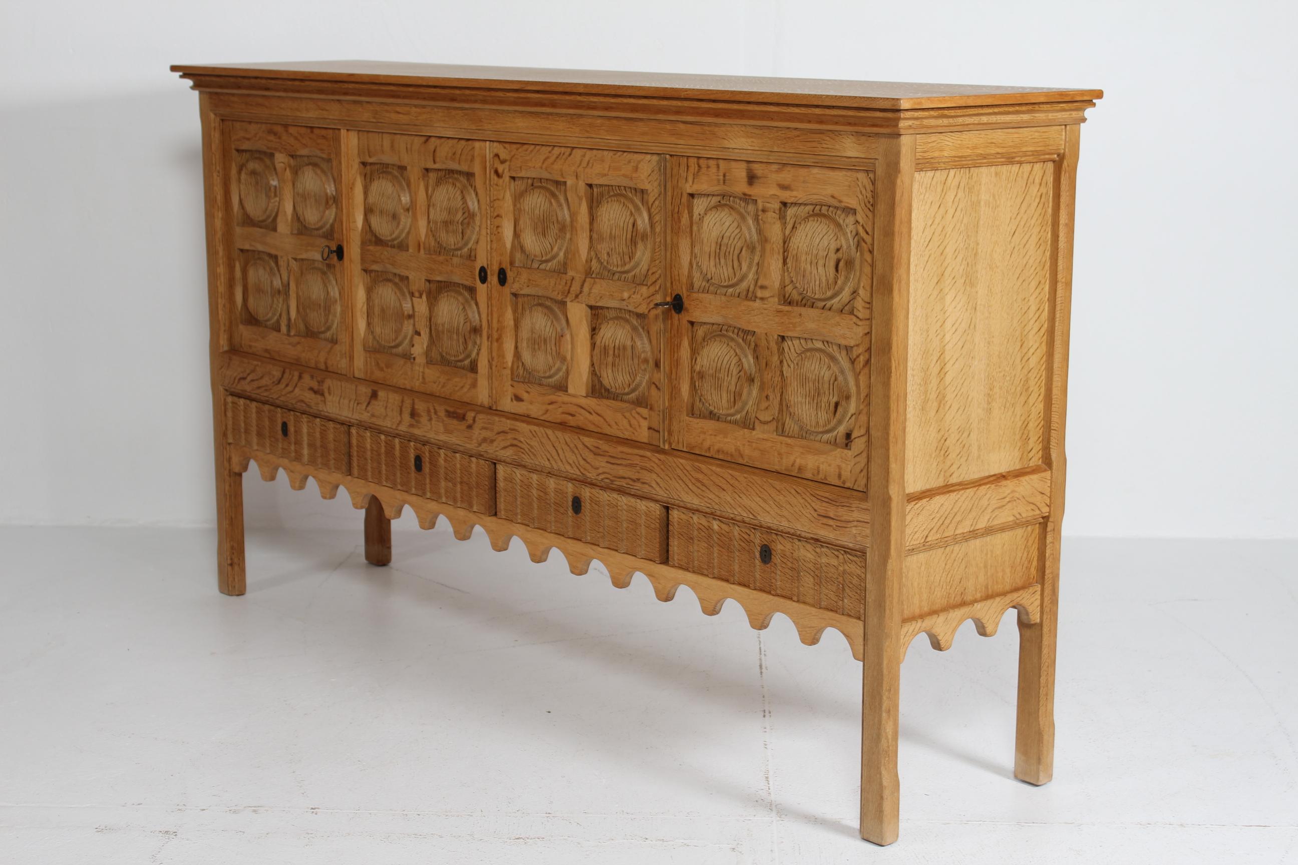 Large Danish Henning Kjærnulf Sideboard Oak with 4 Doors Brutalist Style 1970s For Sale 11