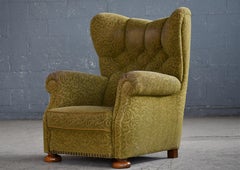 Large Danish Highback Armchair with Bun Feet in Oak, 1940s
