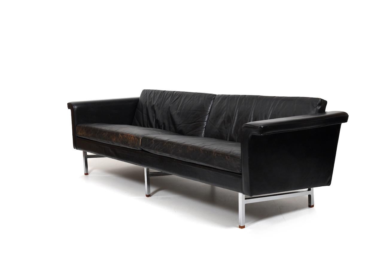 Scandinavian Modern Large Danish Leather Sofa with Chrome Legs and Teak Ends For Sale