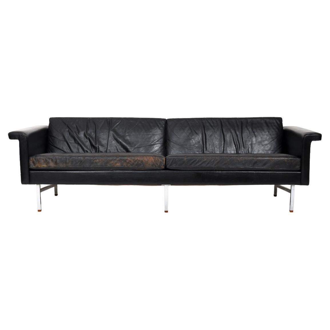 Large Danish Leather Sofa with Chrome Legs and Teak Ends